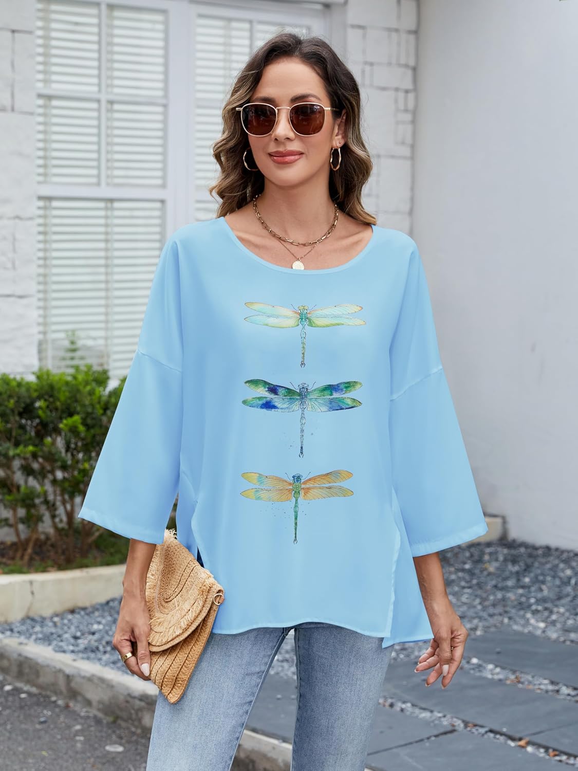 Casual Tops Office Fall Tunic Tops for Women Elegance Polyester Tee with Floral Dragonfly Design Comfort Fit Blouse - Image 4