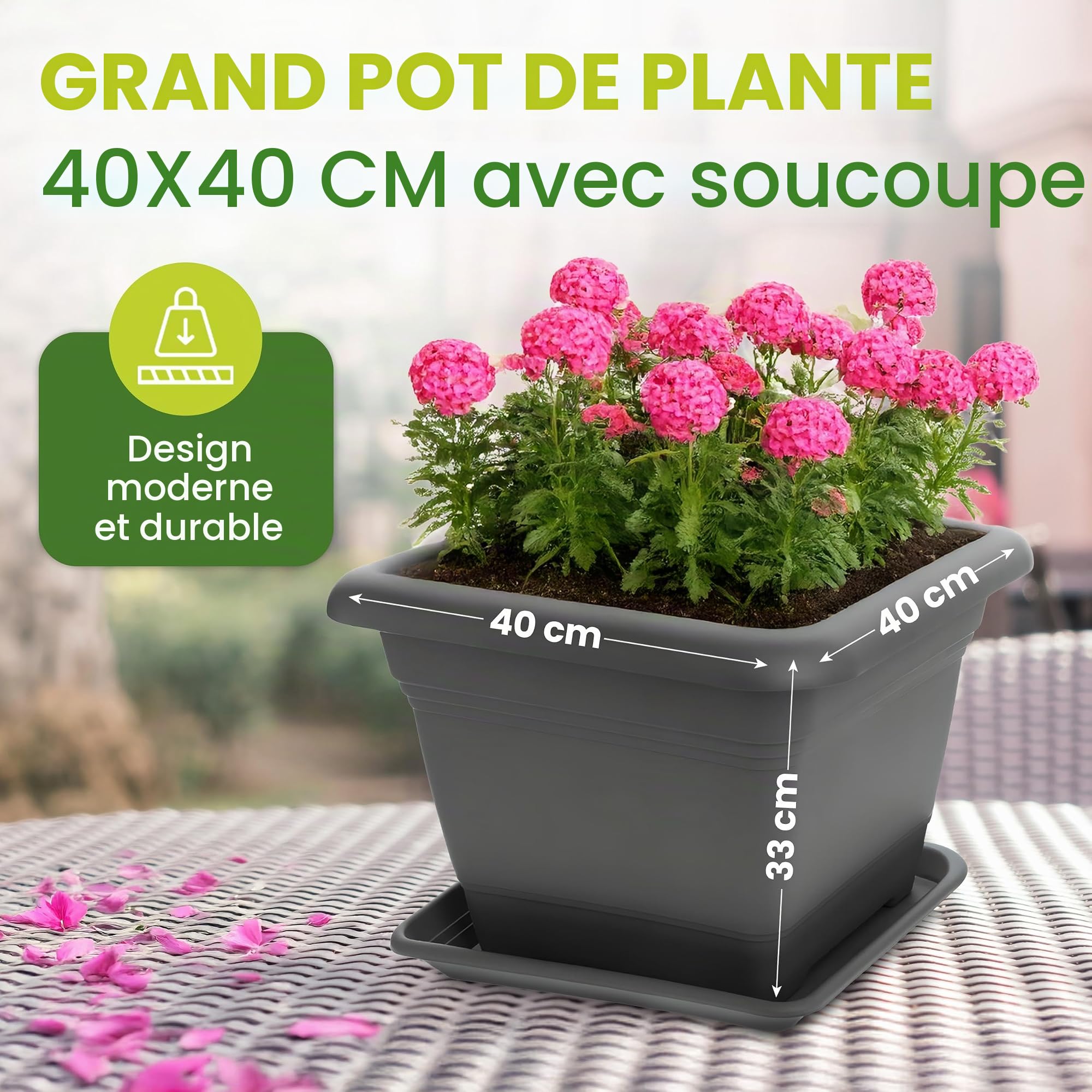 2friends Lot de 3 grands Pots de Fleurs Outdoor Don 40x40cm Pot de Fleurs avec Soucoupe Pots de Fleurs en Plastique Fabriqué en Allemagne modèle Anthracite Don