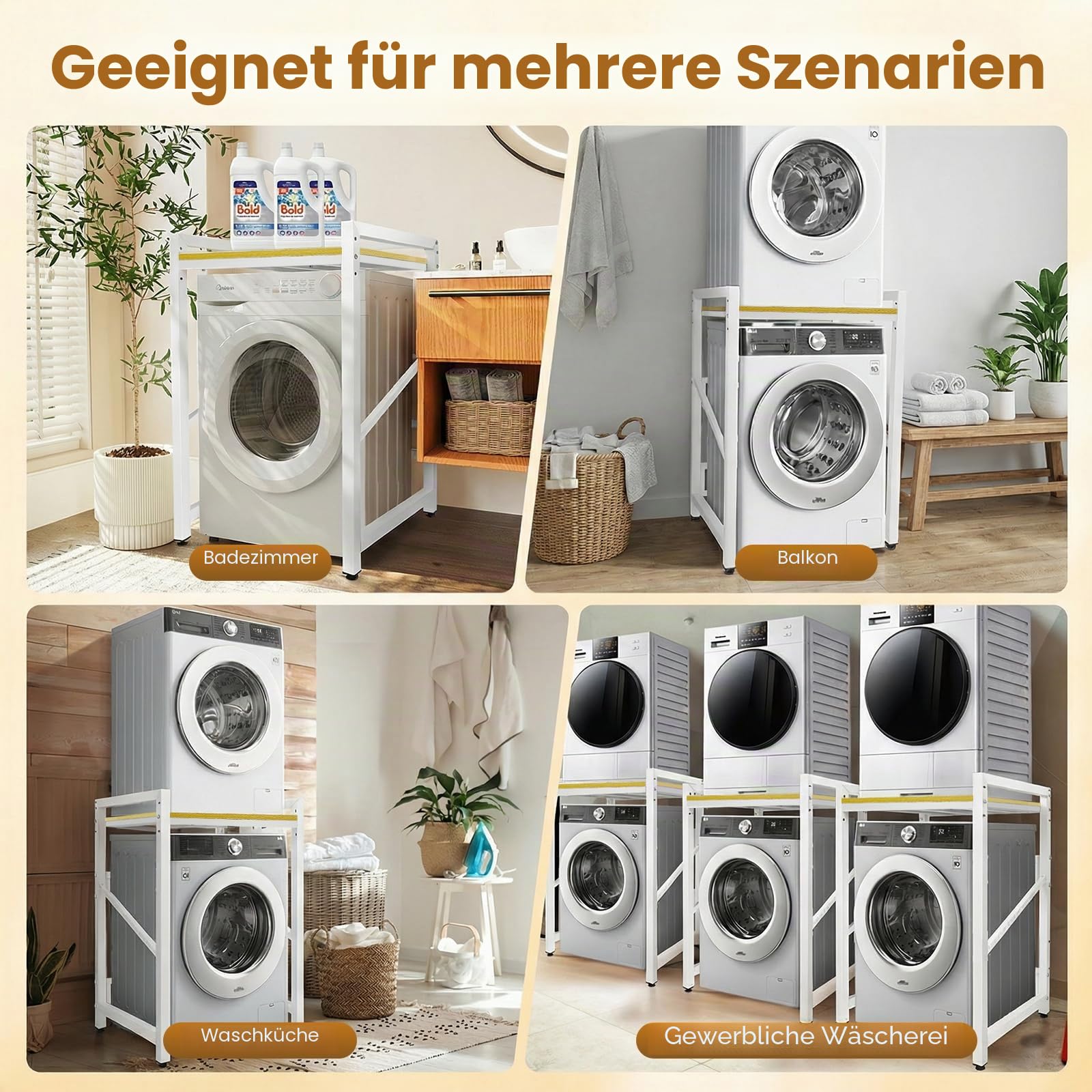 Regal über Waschmaschine(73x64x112CM), Tragkraft 350kg/770lbs Waschmaschinenschrank, Dreistufig Höhenverstellbar (96-101-106CM) Waschmaschinenregal, Verbindungsset für Waschmaschine und Trockner