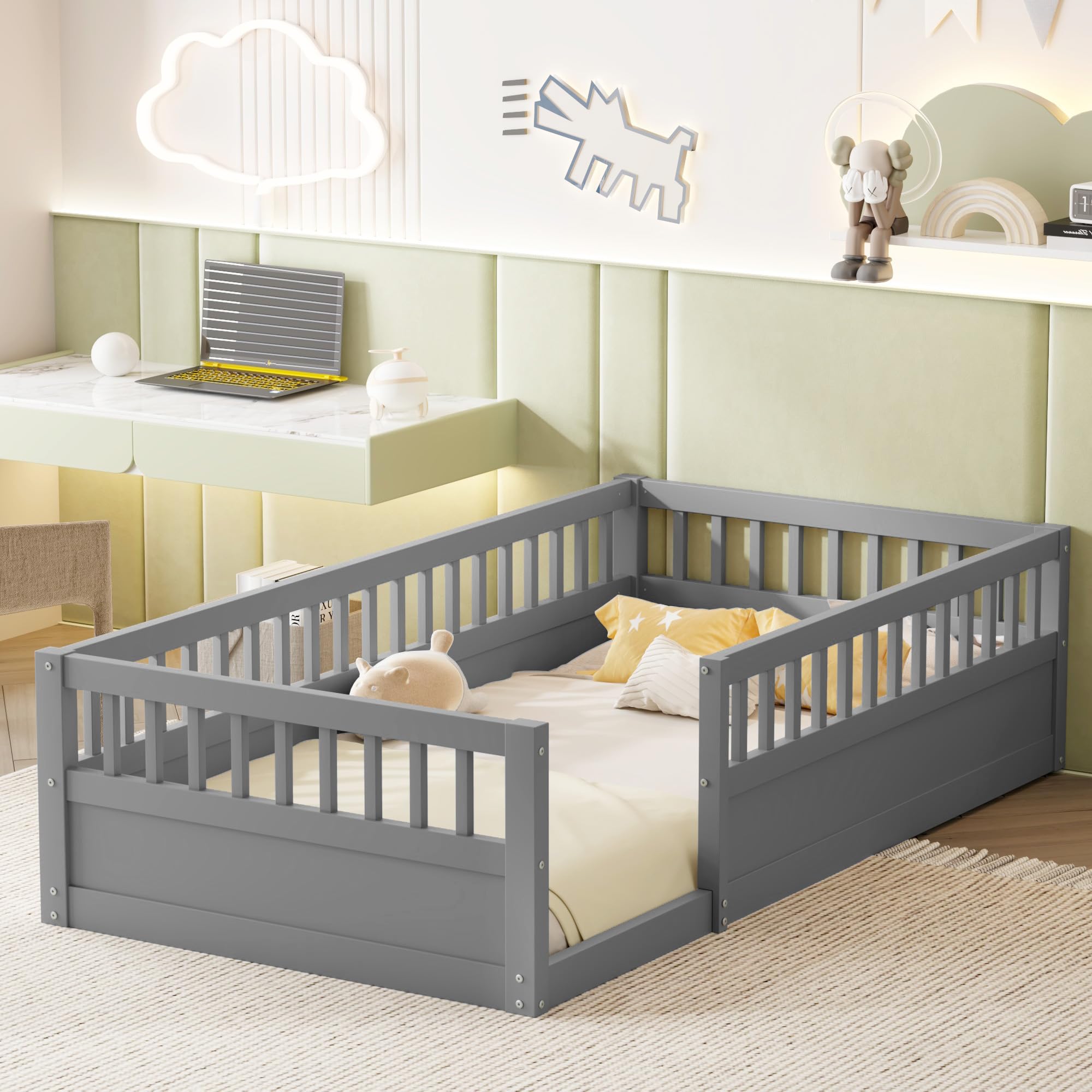 Luckiofvonne Twin Montessori Floor Bed with Safety Rails