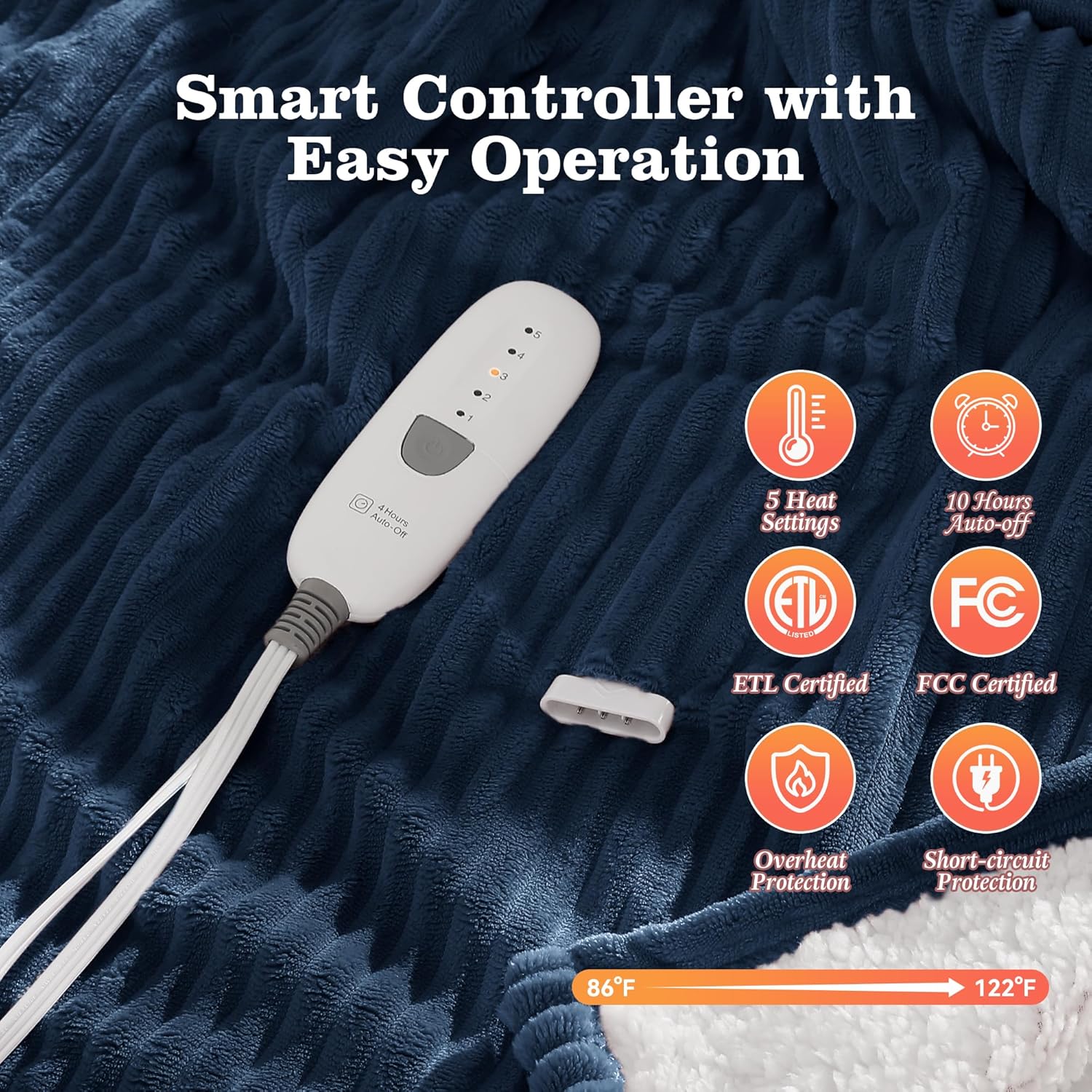 Heated Blanket Twin Size Electric Blankets - 62x84'' Electric Heated Blankets with 5 Heat Setting & 10hrs Auto Off, Small Lap Heat Blanket for Couch, FCC & ETL Certified, Warm Winter Gifts (Navy Blue) - Image 4