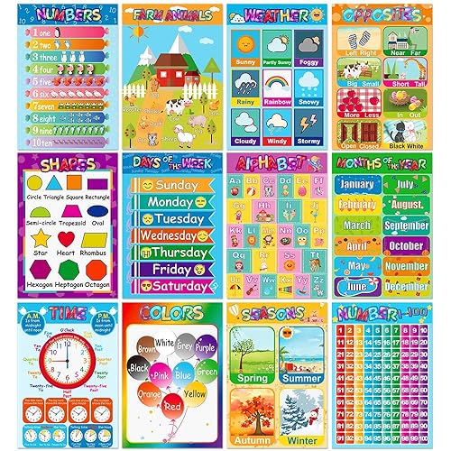 Carteles educativos para niños en edad preescolar, niños y niñas, aulas, alfabeto, números, formas, colores, estaciones, semana, meses, más, 11 x 16