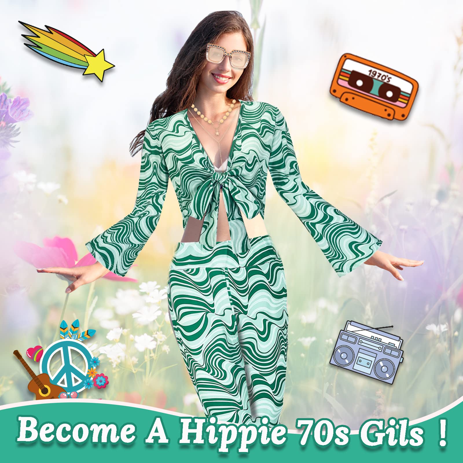 60/70s Disco Fancy Dress for Women 1970s Hippie Costume Outfit with Flared Top Trousers Headband Necklace Earrings Bracelet Waist Chain Glasses Hippy Style Clothes for Ladies Dress Up Retro Party - Image 7