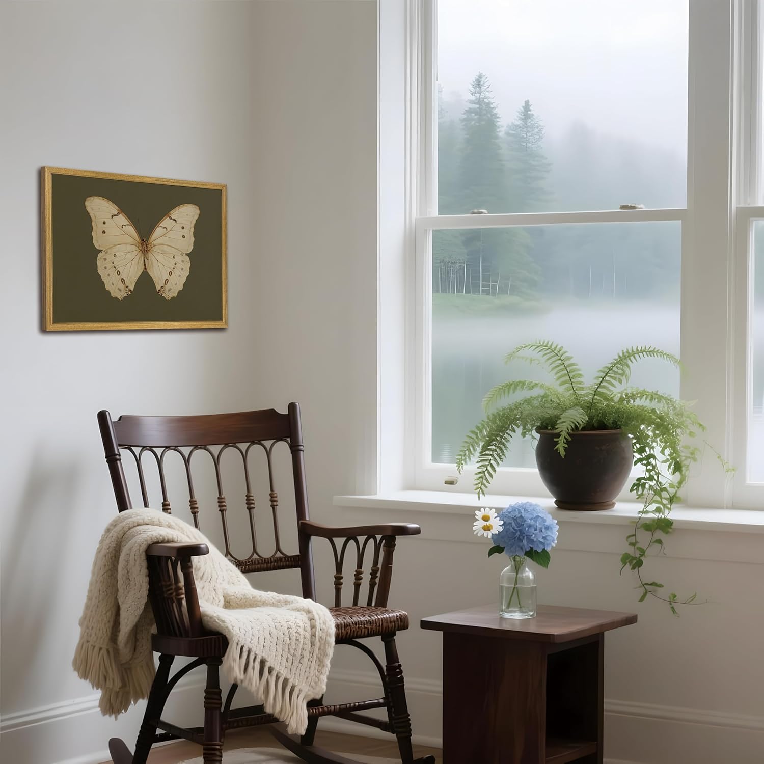 Wood Framed Butterfly Wall Art, Vintage Butterfly Oil Paintings, Dark Moody Insect Canvas Prints, Retro Sage Green Antique Wall Decor, Moth Artwork Pictures for Bedroom Bathroom Room Decor - 16x24 Inch