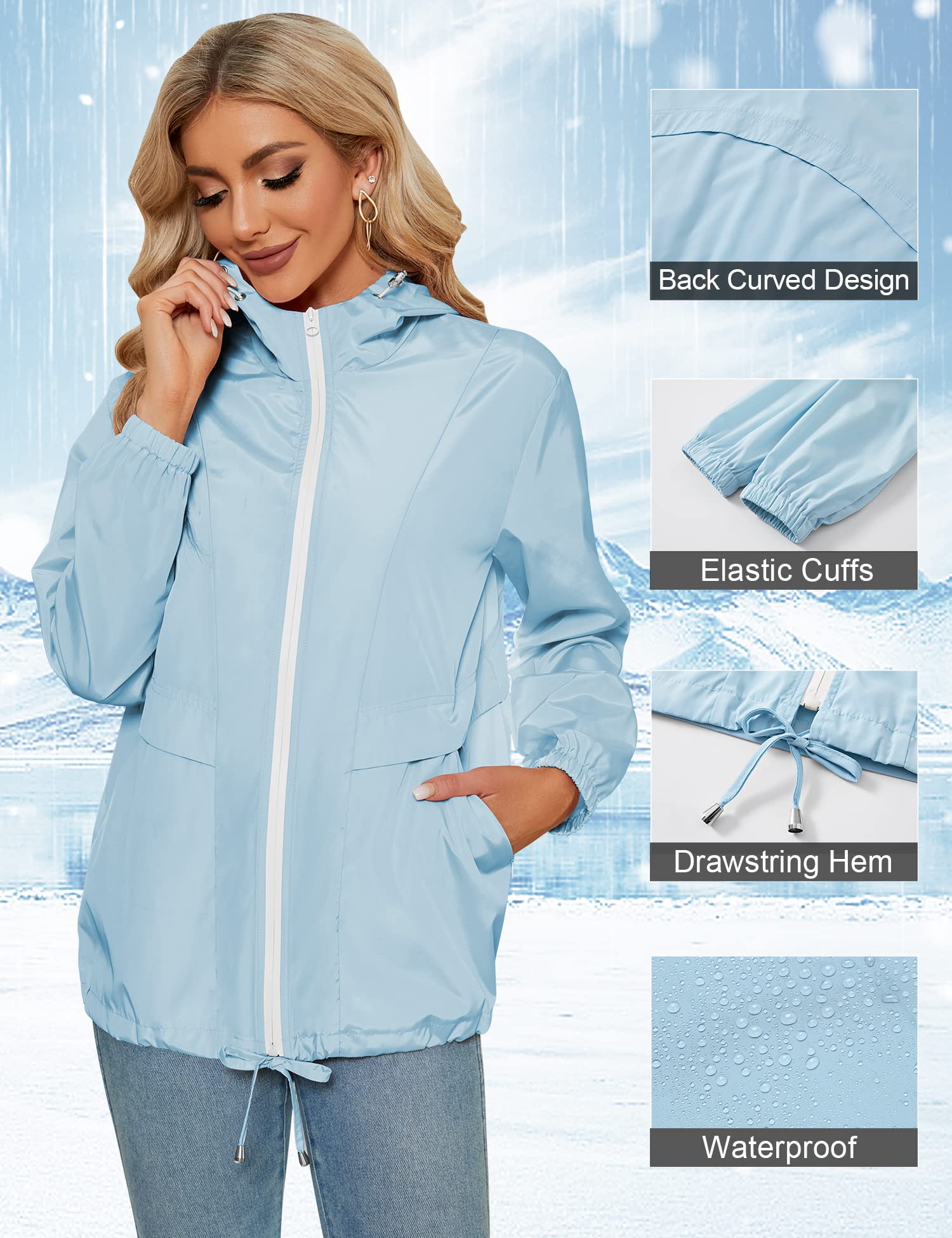 Tisfeer - Impermeabile da donna con cappuccio, leggero, antivento, ripiegabile, giacca a vento con cappuccio
