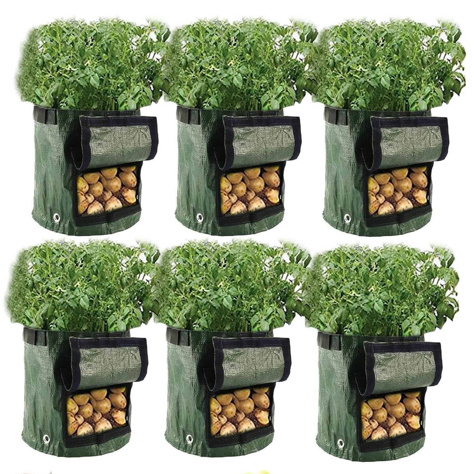 Potato Grow Bags Set 6 Pack 10 Gallon Plant Growing Bags for Vegetables Durable Root Friendly Vegetable Planting Bag with Strap Handles and Access Flap Window for Potatoes, Tomatoes, Strawberry