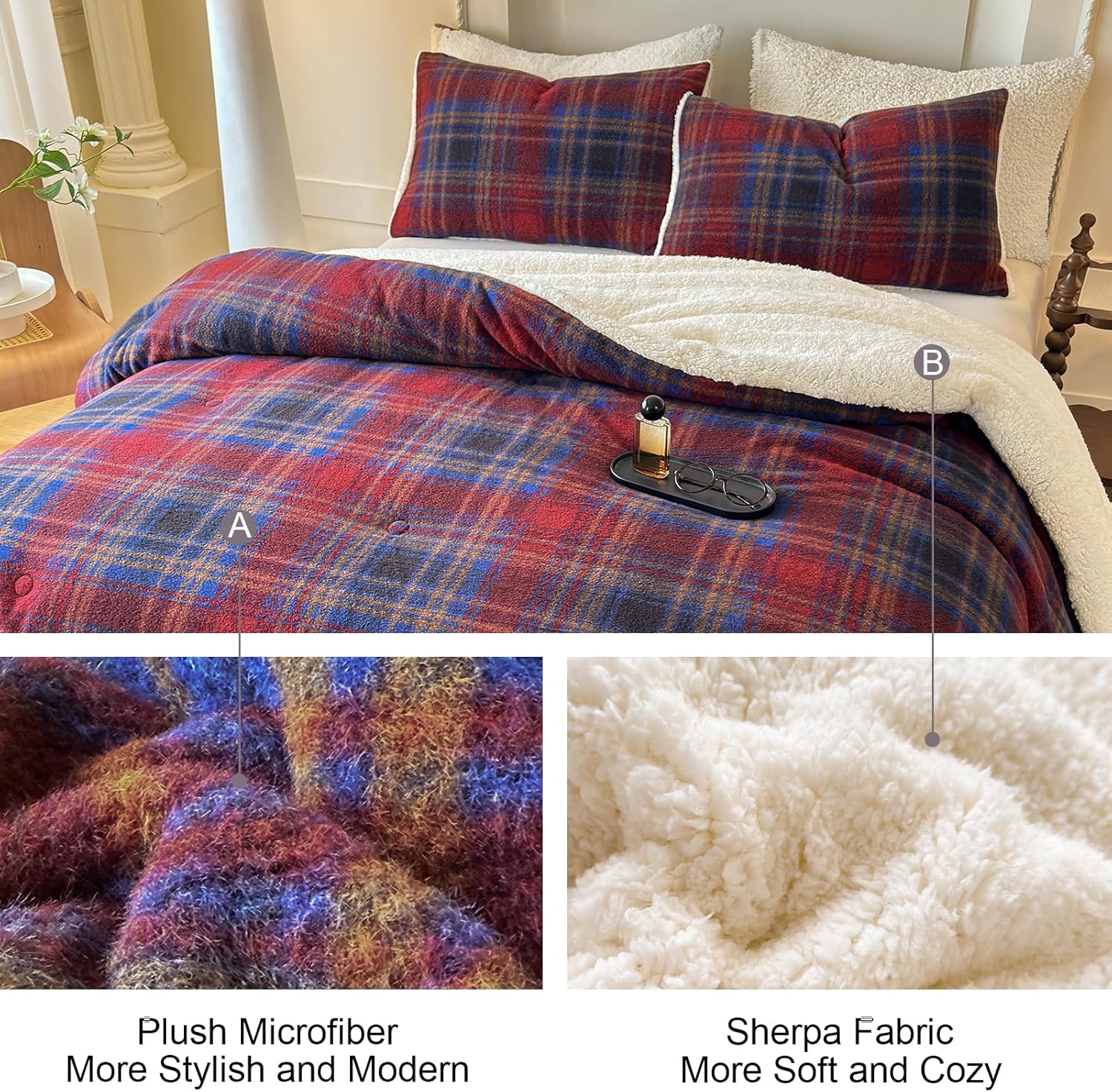 Cyusri Plaid Sherpa Comforter Set 3Pcs Fluffy Warm Fleece Down Alternative, Red Blue Grid Pattern Bedding Set with 2 Pillowcases, Queen Size 90"x90"