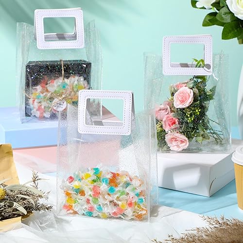 Miniatura 10 de 20 bolsas de regalo transparentes con asas para boda, bolsa de mano transparente con purpurina de 7 x 4 x 8 pulgadas, bolsa de regalo de PVC