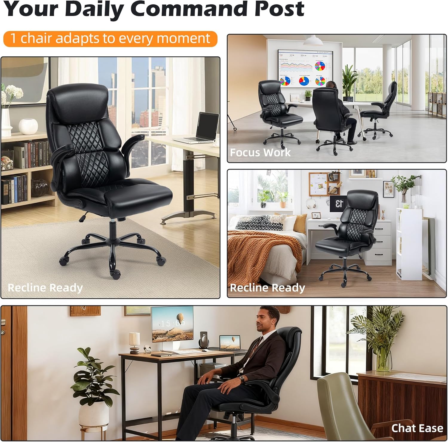 Office Chair - Ergonomic High Back Computer Desk Chair with Rocking Function & Lumbar Support - Executive Comfortable Wide Swivel Rolling Office Leather Chair with Flip-up Armrests for Home Gaming - Image 8