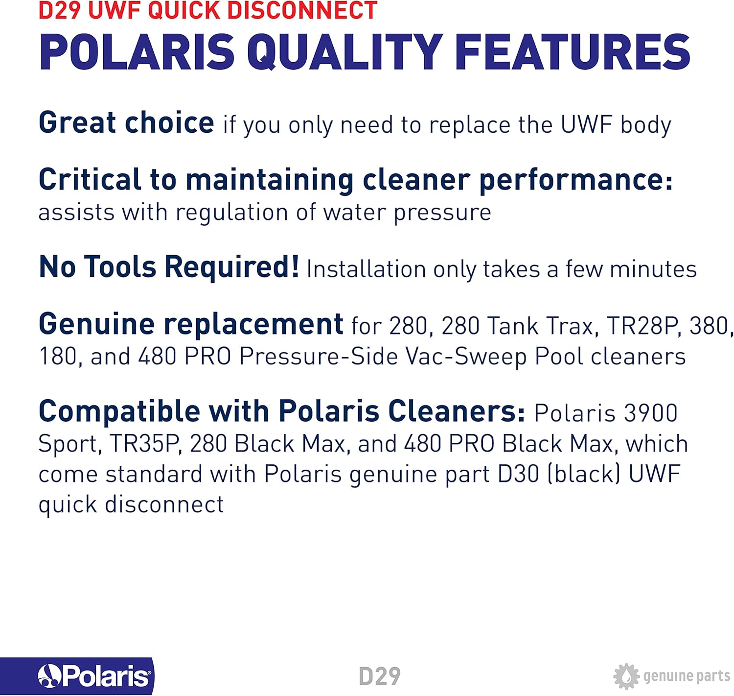 Polaris Genuine Parts D29 quick disconnect UWF replacement part for pressure-side pool cleaners 280, 280 Tank Trax, TR28P, 380, 180 : Patio, Lawn & Garden