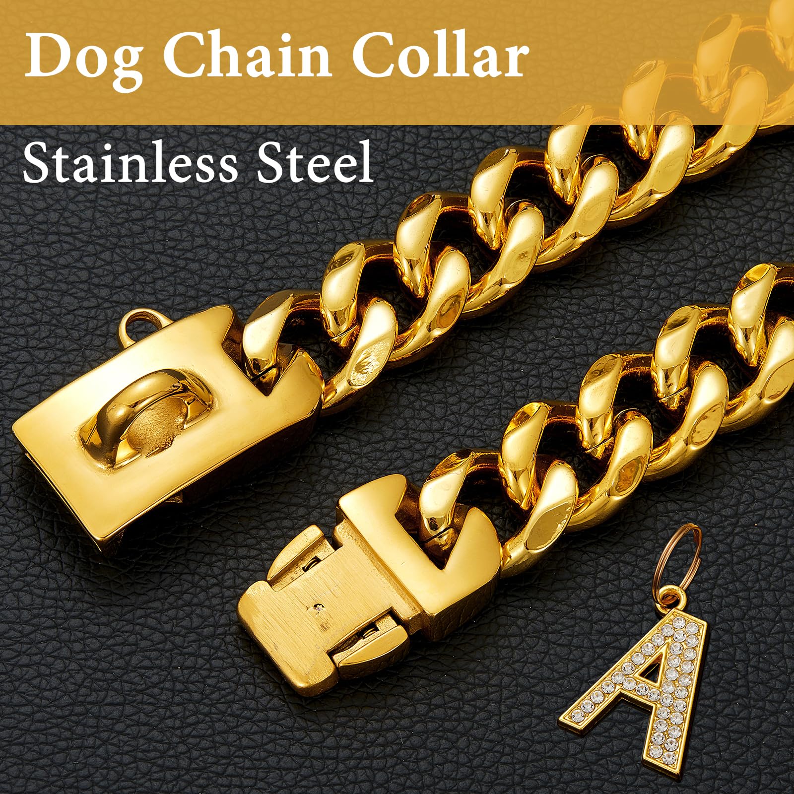Collar de perro dorado con colgante, collar de metal para caminar de acero inoxidable, 19 mm de ancho, eslabón cubano, fuerte, resistente a la masticación para perros medianos y grandes (60 cm)