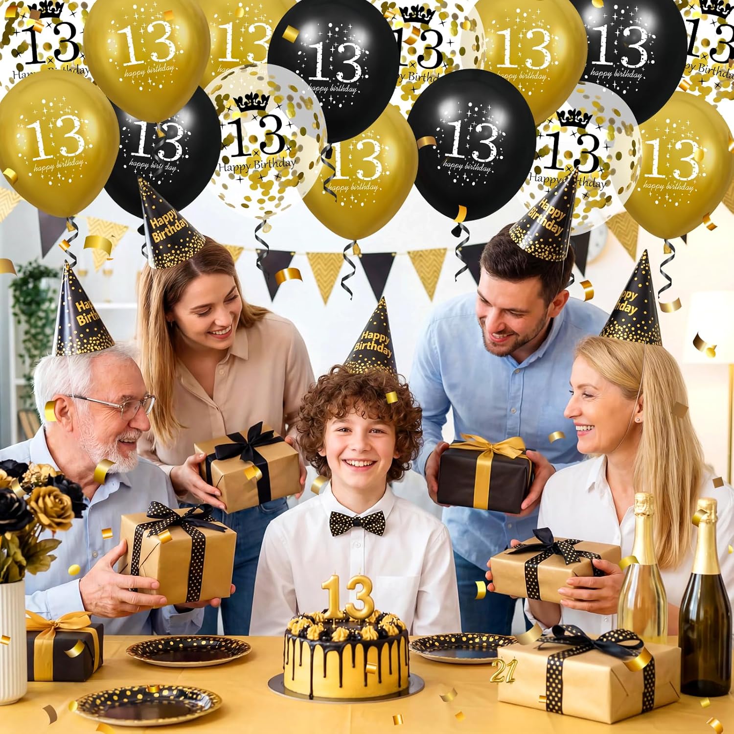 13th Birthday Balloons for Boys, 15Pcs Black Gold Happy 13th Birthday Balloons Decorations for Boys Girls 13 Years Old Party Indoor Outdoor Decor Supplies 12 inches