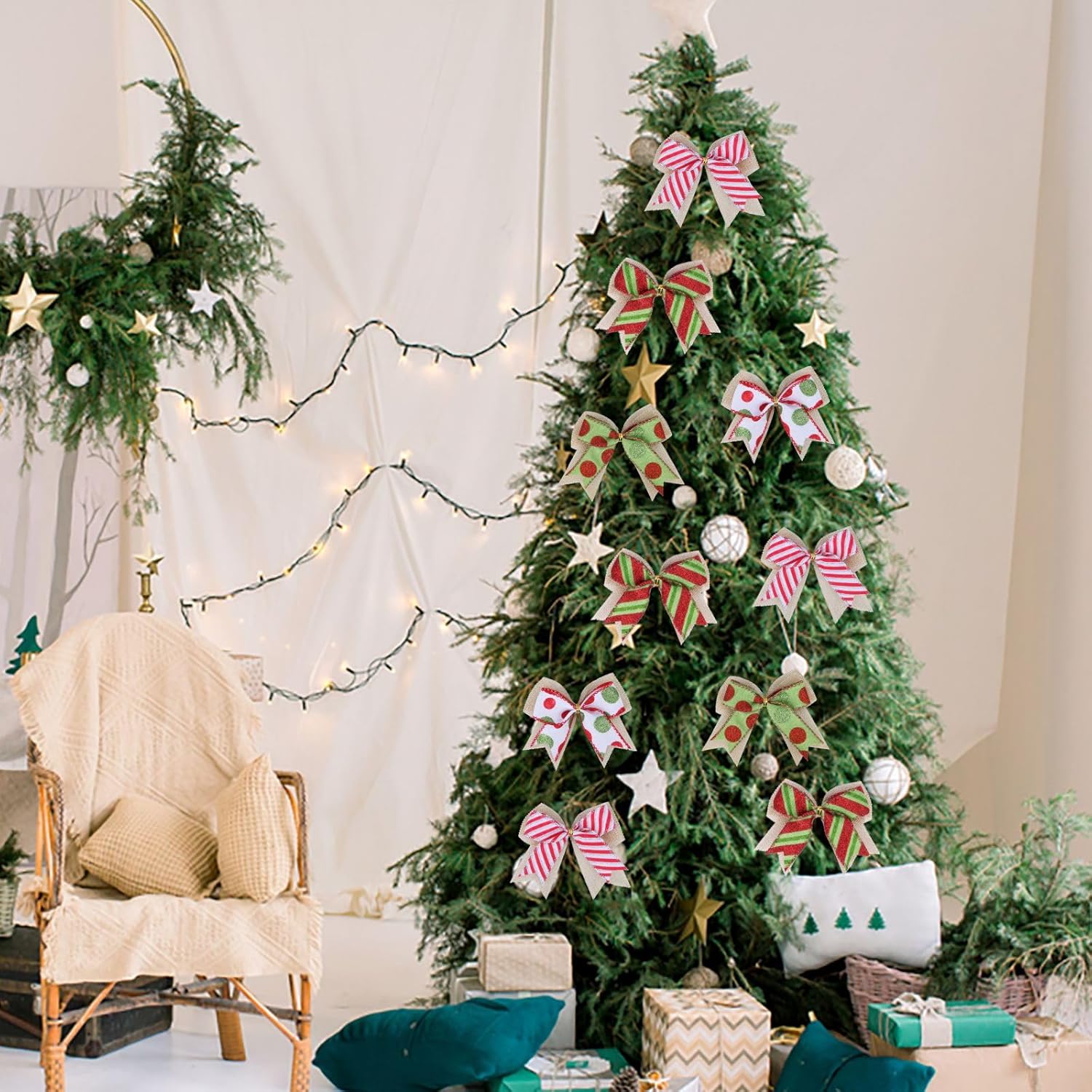 12 Pcs Christmas Candy Bow 4 Inch Burlap with Red and Green Dot Bows Glitter Stripe Candy Cane Lollipop Peppermint Wreath Bows for Xmas Door Garland DIY Candy Themed Party Supplies (Christmas) - Image 5