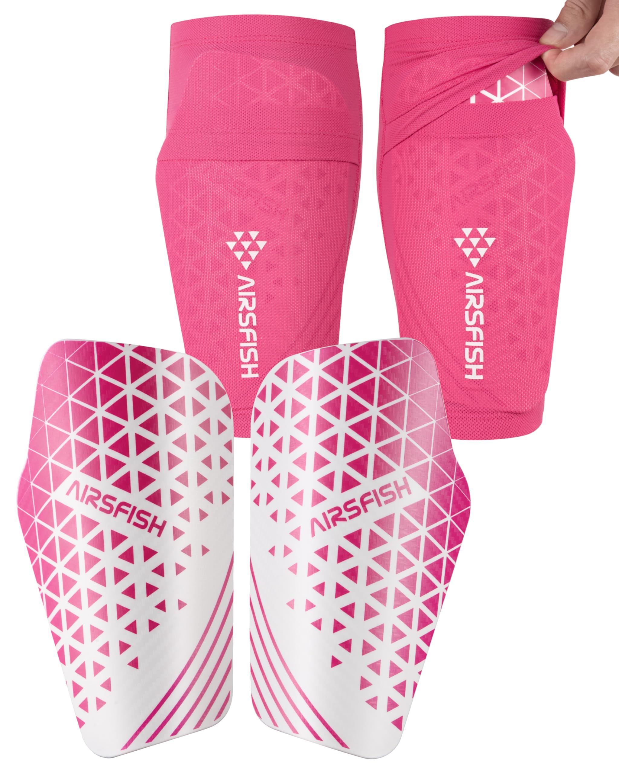 AIRSFISH Soccer Shin Guards for Kids Youth Adults,Shin Pads and Sleeves with Optimized Insert Pocket EVA Cushion,Reduce Shocks and Injuries for Boys Girls Men for Football Games (Pink, S)
