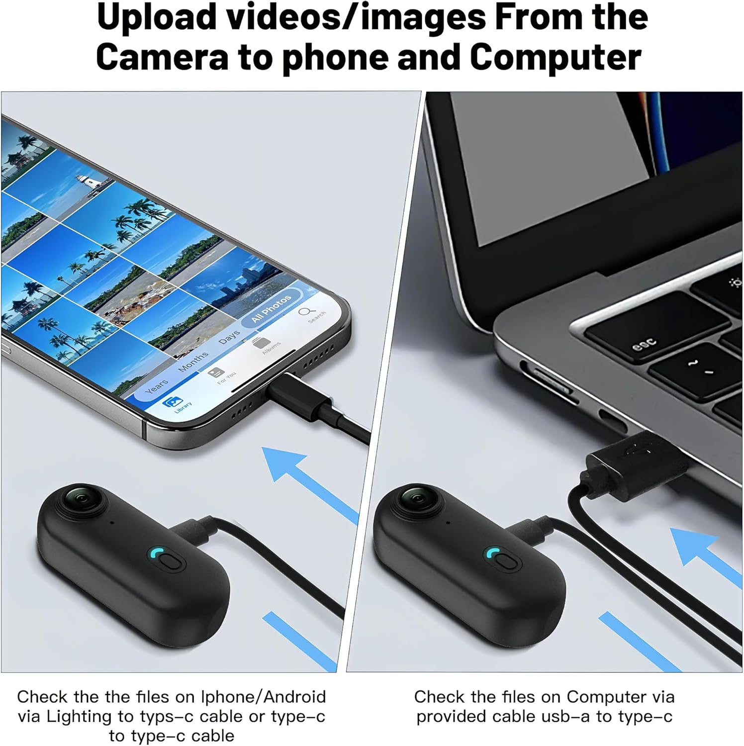JETO H88 4K Mini Body Camera connected to a laptop and smartphone for file transfer