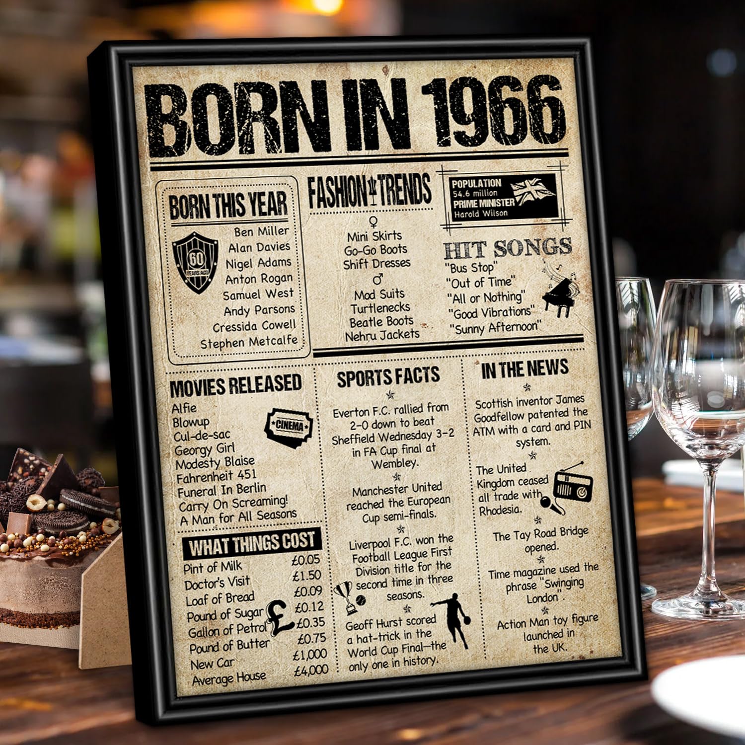 Benjia 1966 Poster Framed UK, Happy 60th Birthday Sign Card Party Decor Supplies Home Decoration Birthday Gift 60 Years Old Wedding Newspaper For Men Women (8x10 inch, Vintage)