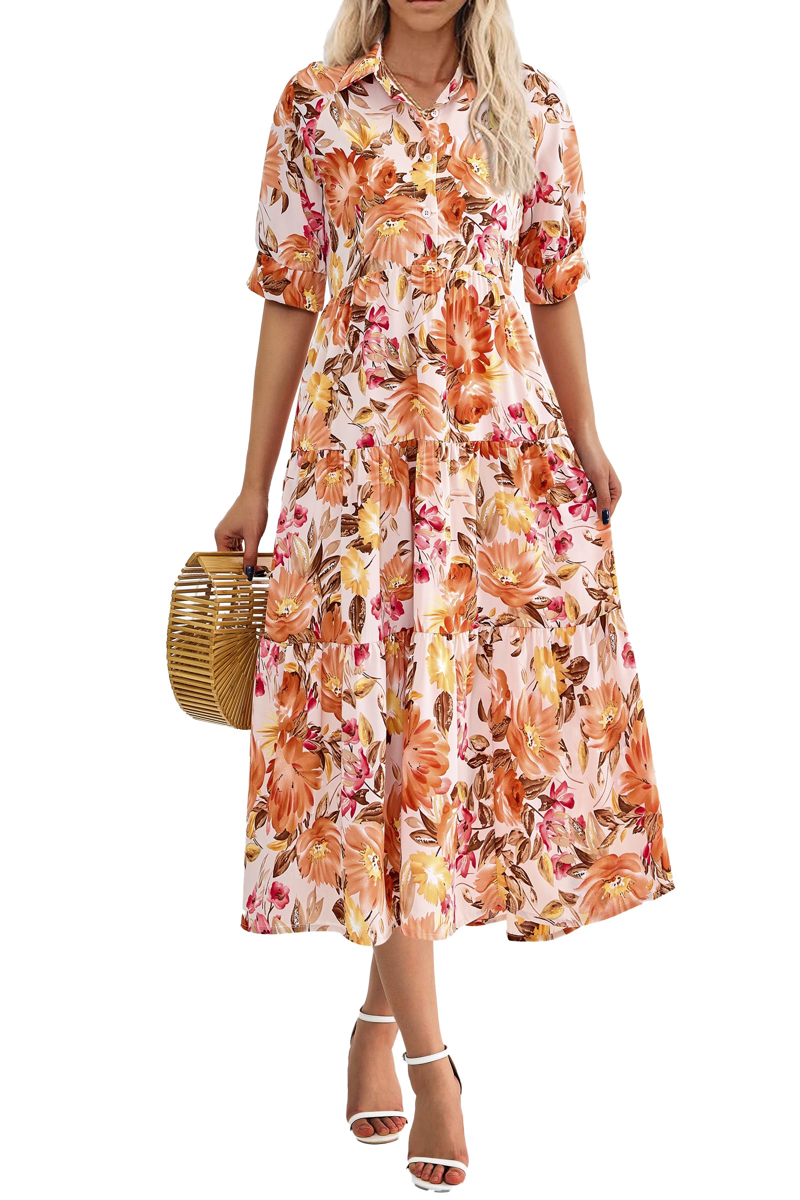 PRETTYGARDENWomen's Summer Beach Maxi Dress Short Sleeve Buttons Tiered Ruffle A Line Swing Dresses