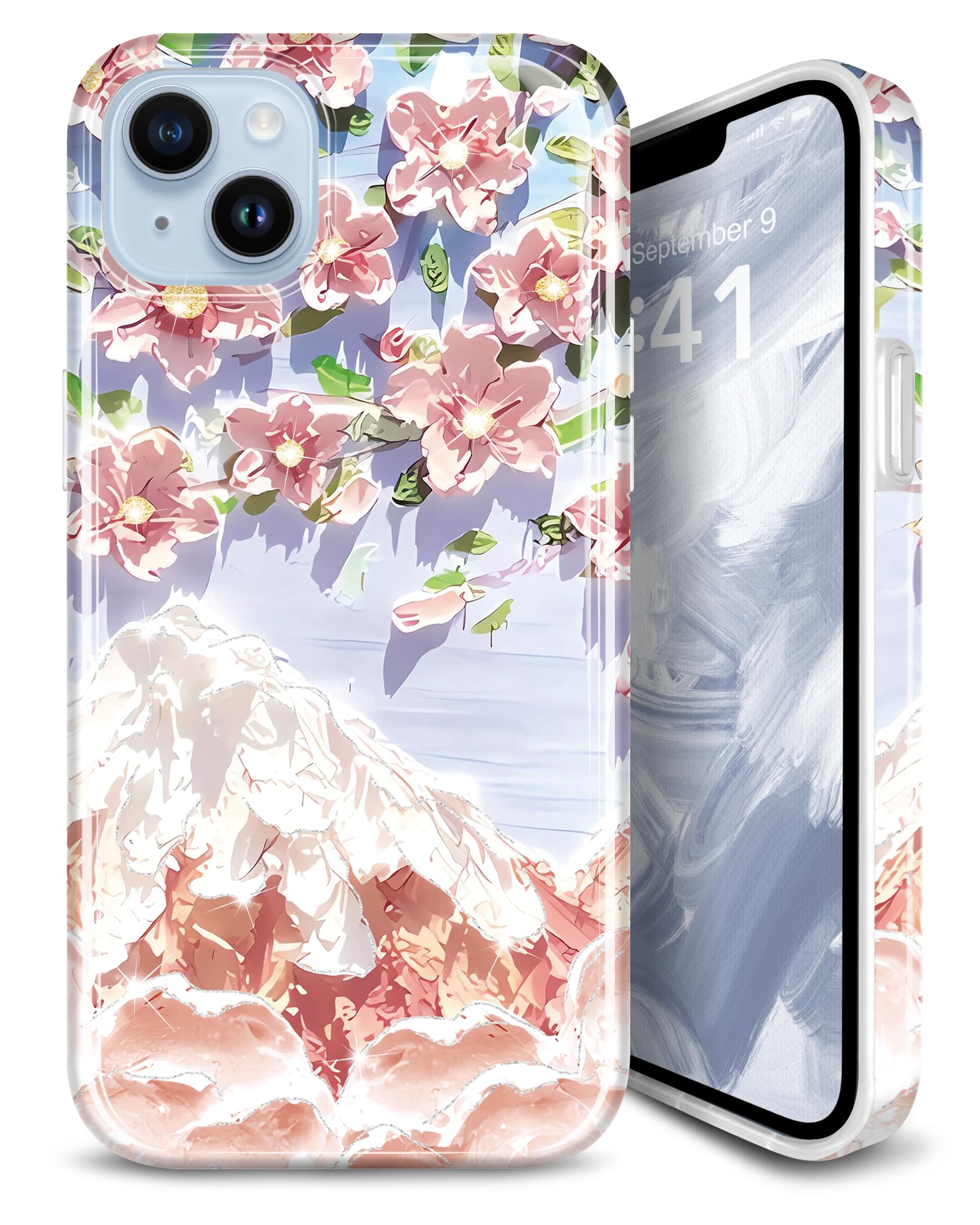 JIAXIUFEN Case for iPhone 14 and iPhone 13, Retro Oil Printed Flower Glitter Sparkle Slim Shockproof Soft Silicone TPU Case Cover for iPhone 14 Case Pink