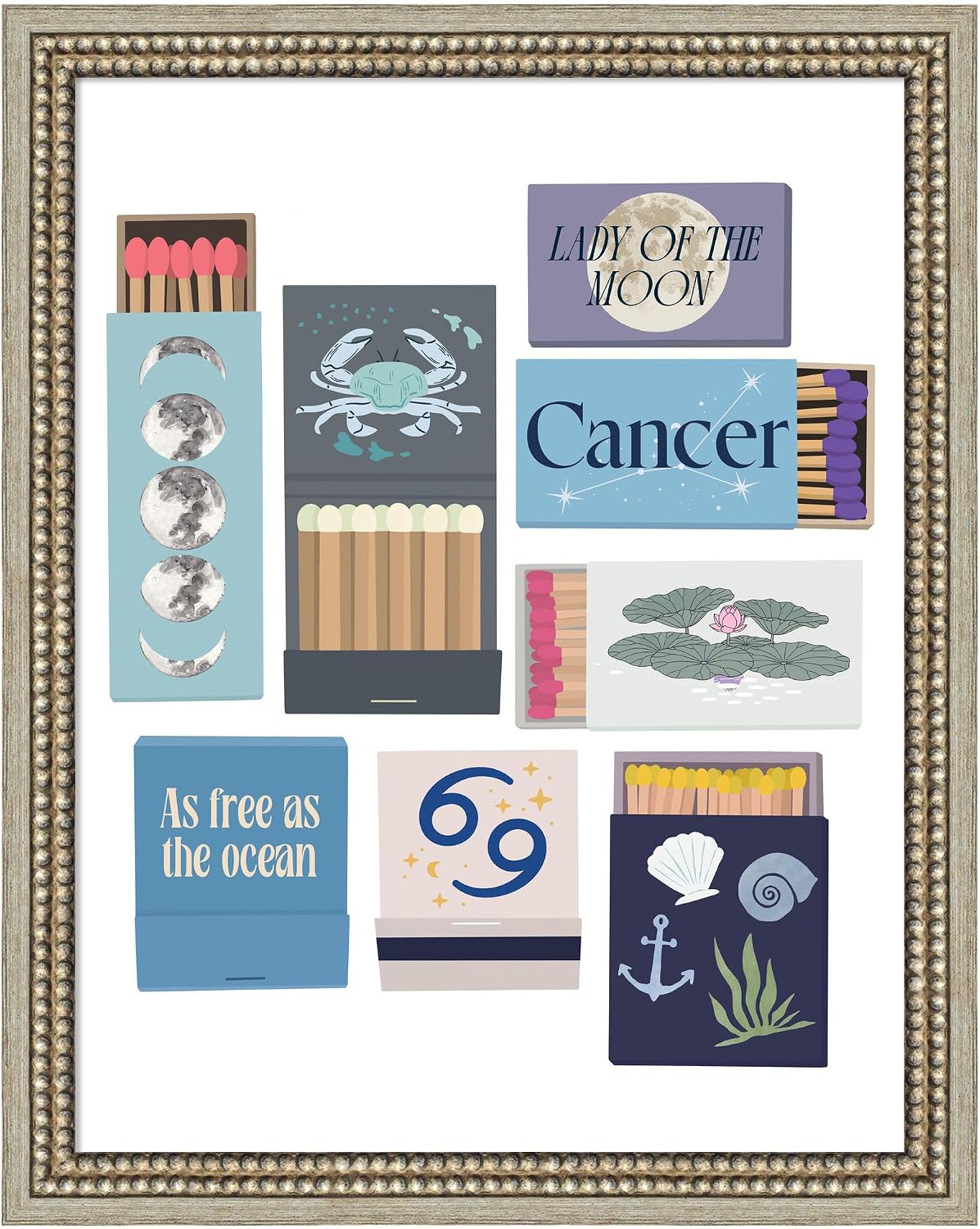 Kate and Laurel Framed Wall Art Print Cancer Matchbooks 14x18 FC by Megan Ryan, 16 x 20, Castellan Silver Frame, Whimsical, Typography Art for Wall Decor