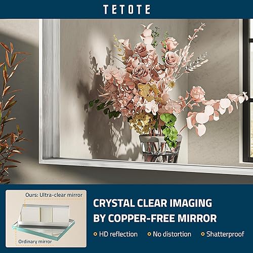 Miniatura 5 de TETOTE Espejo de baño de níquel cepillado de 48 x 36 pulgadas, espejo de baño plateado con marco, grande, rectangular, con marco de metal,