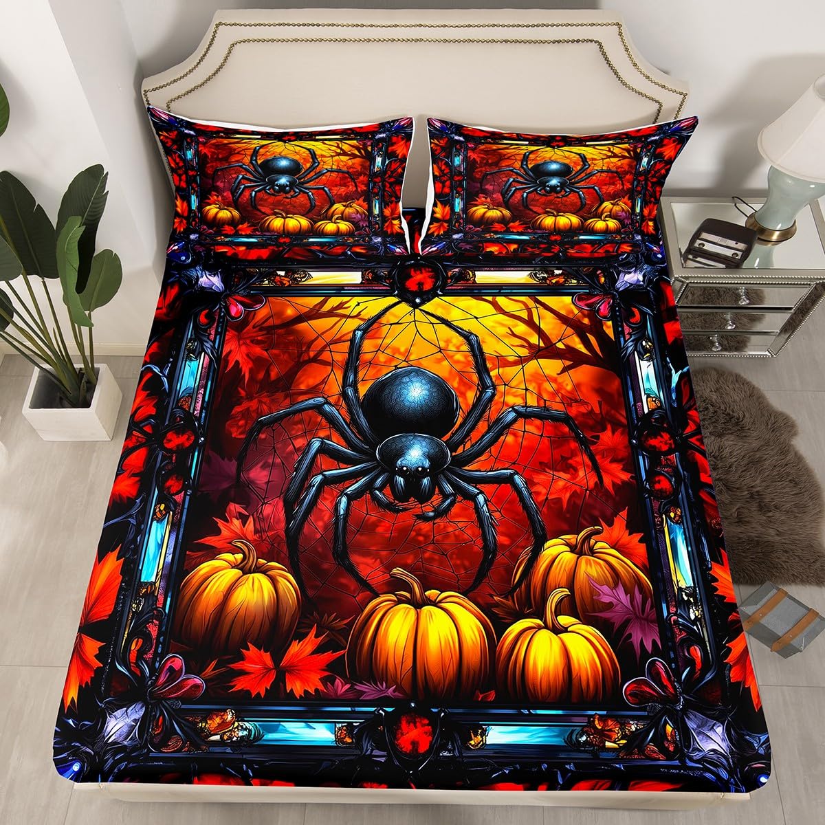 Spider Web Kids Fitted Sheet Twin Size,Arachnid Animal Happy Halloween Bedding Set,Girls Boys Room Decor,Pumpkin Maple Leaf Fall Autumn Gothic Rustic Bed Sheet,1 Pillowcase(No Flat)