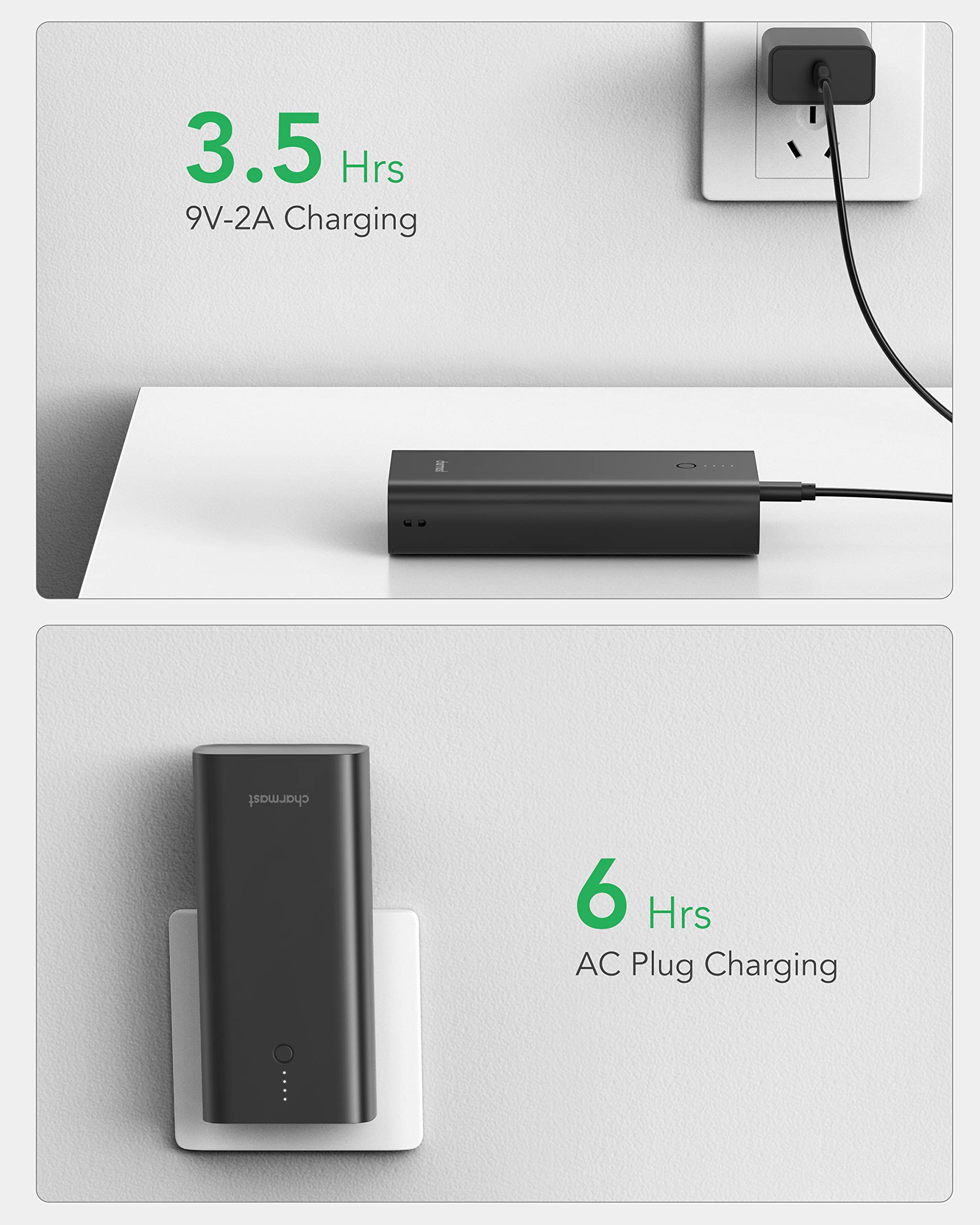 Charmast Power Bank Sottile 10400mAh USB C Powerbank Slim con LED Display Caricatore Portatile con 3 uscite & 2 Ingressi per Smartphone