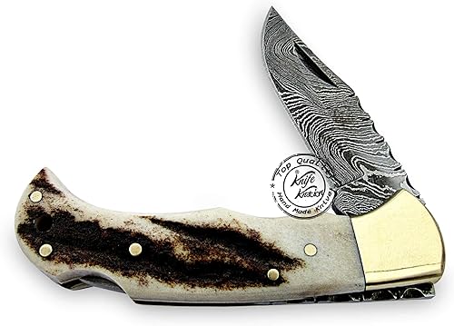 Miniatura 6 de Cuerno de ciervo 6.5 '' 100% hecho a mano de acero de Damasco plegable cuchillo de bolsillo 100% de primera calidad