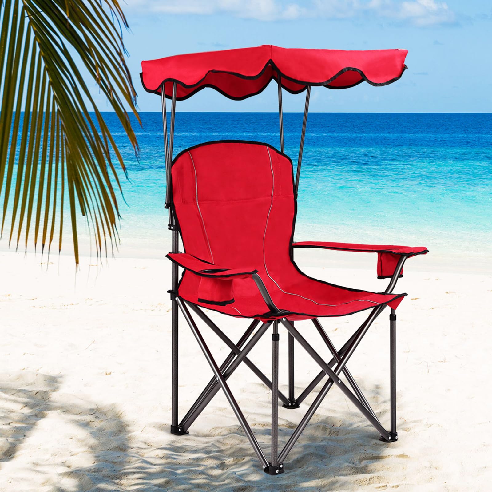 COSTWAY Sedia da Campeggio con Tettuccio, Poltrona da Spiaggia Pieghevole con Portabicchieri, Sedia Mare Leggera e Portatile, con Braccioli, Portata 120 kg (Rosso)