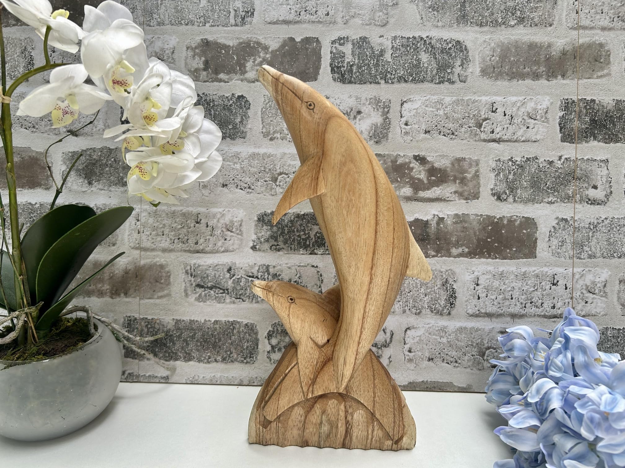 MAISONICA Playing Dolphins Ornament Sculpture - 30cm Hand Carved Wooden Art Gift