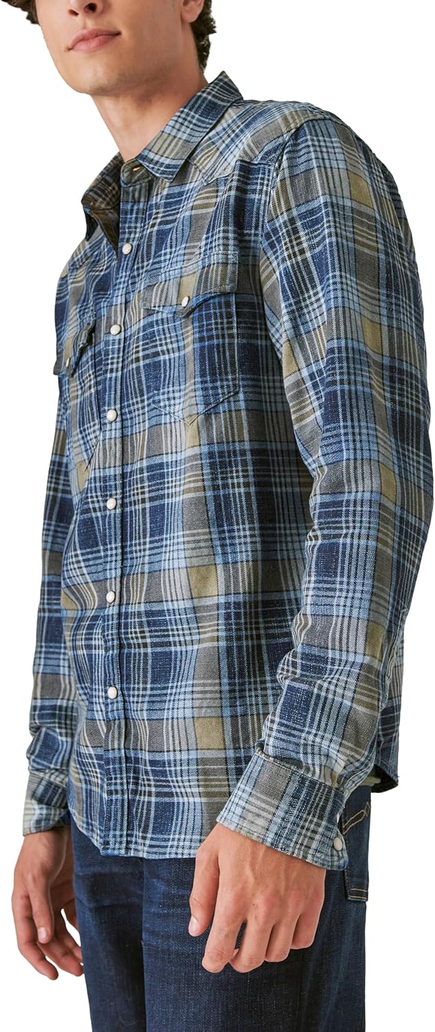 Lucky Brand Mens Lucky Brand Men's Indigo Plaid Western Long Sleeve Shirt - Image 5