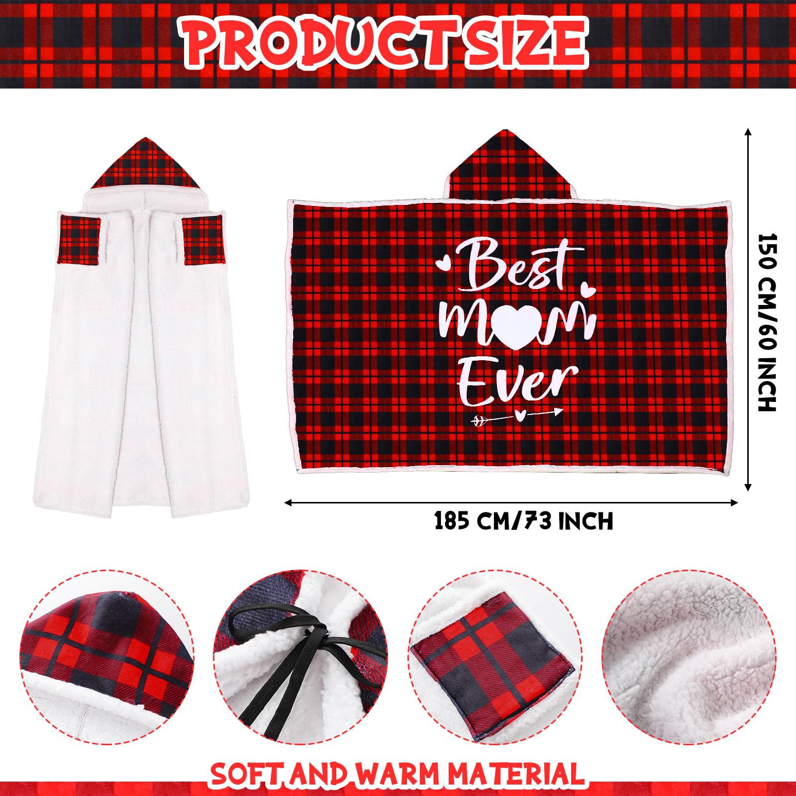 Buryeah Mother's Day Birthday Gifts for Mom Red Black Buffalo Plaid Wearable Blanket Best Mom Sweatshirt Birthday Gifts for Women Wife