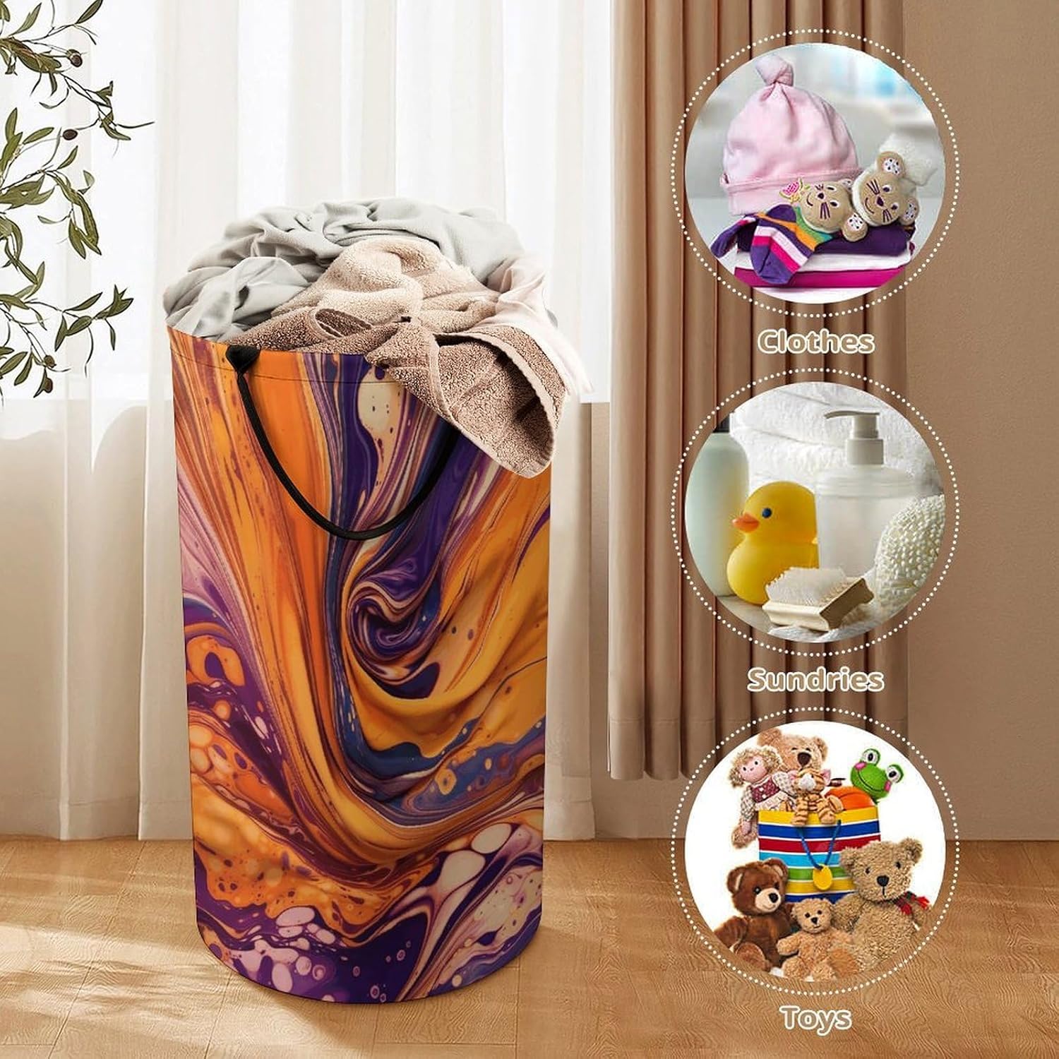 Purple Tie-dye FabricLaundry Hamper - Large Dirty Clothes Bag.Storage Basket for Easy Carry Handles. Large Clothes Basket with Handles, Clothing Storage Bucket Toy Organizer for Bathroom Bedroom Dorm