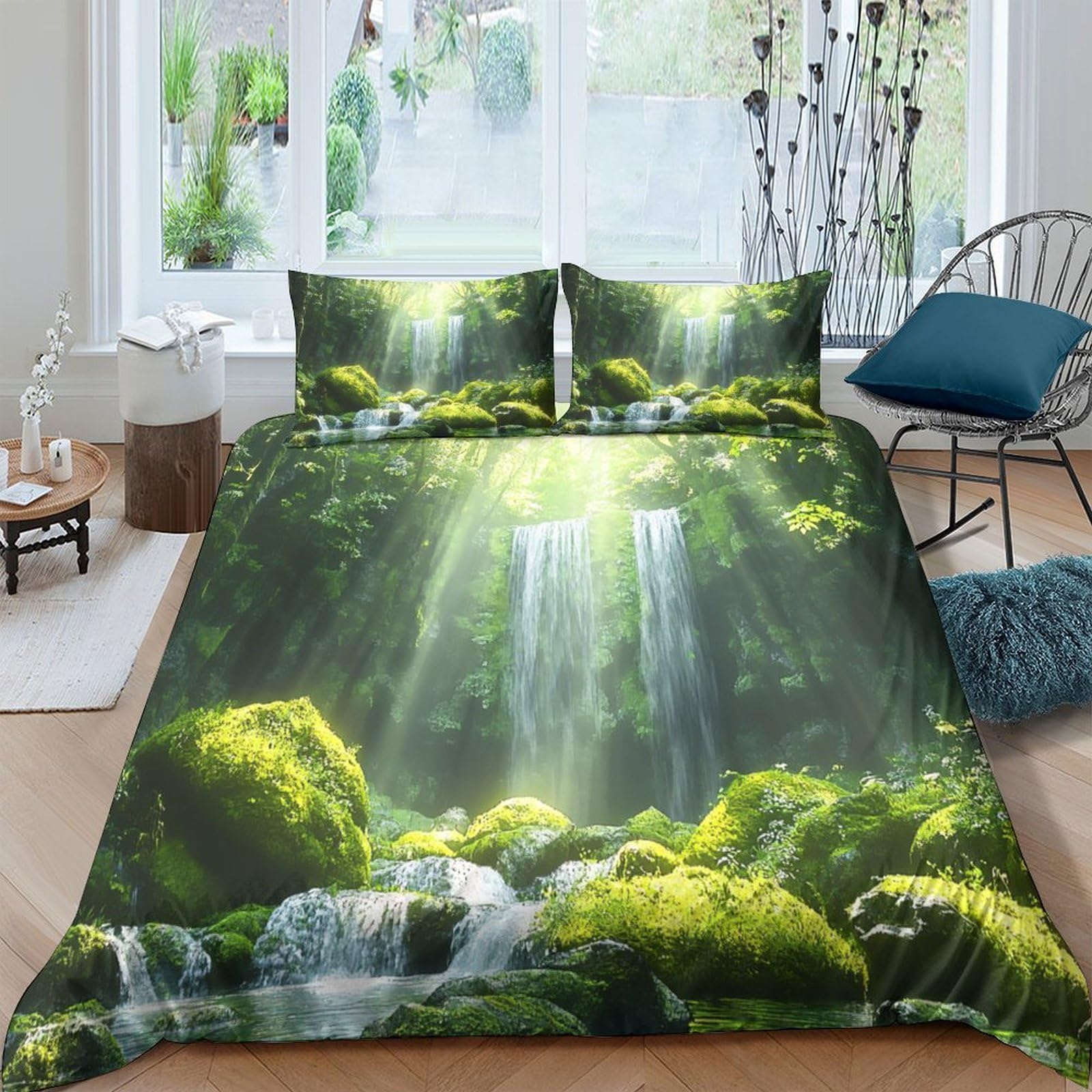 Ctjqhvkz Style-1 3D Printed Waterfall Forest Fitted Sheet Microfiber Moss Stream Mattress Cover Anti-Slip Machine Washable For Bedroom Decor Single（135X200cm）