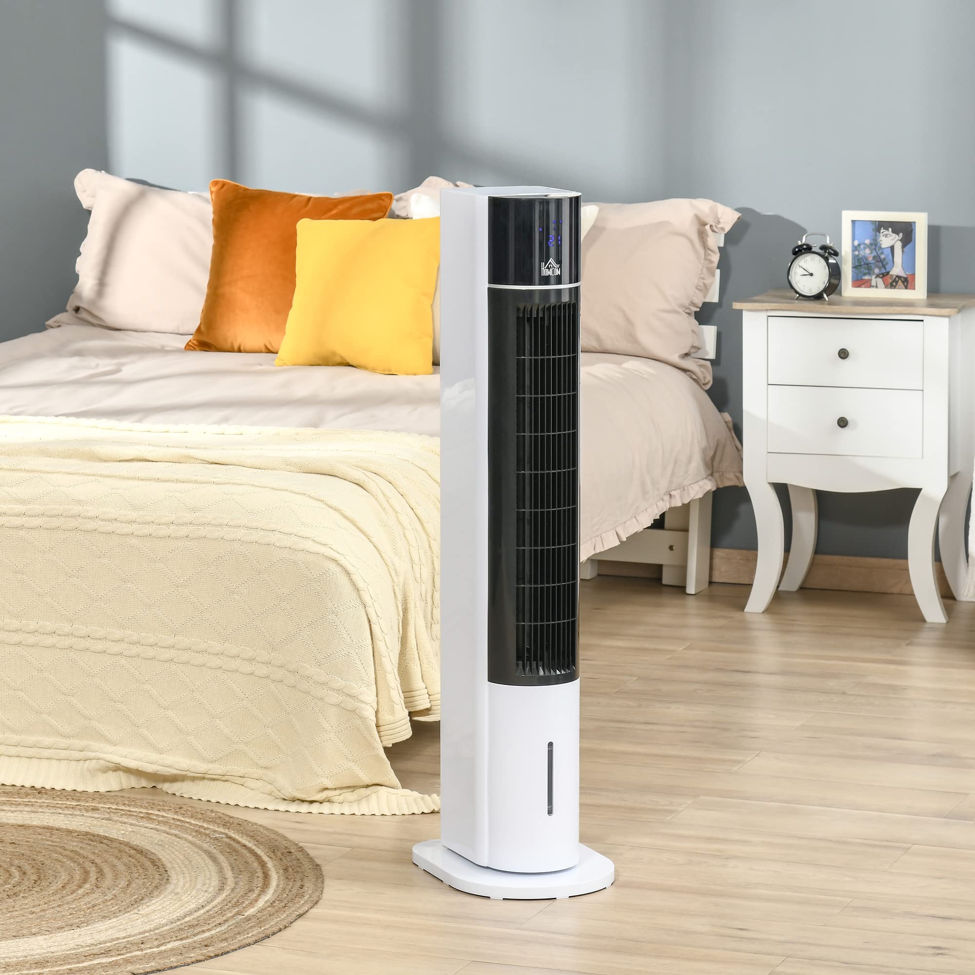 HOMCOM Ventilatore a Torre Raffrescatore Evaporativo 3 Modalità e 3 Velocità, Raffreddatore d'Aria Portatile con Timer, Oscillazione e Telecomando, 60W, Bianco