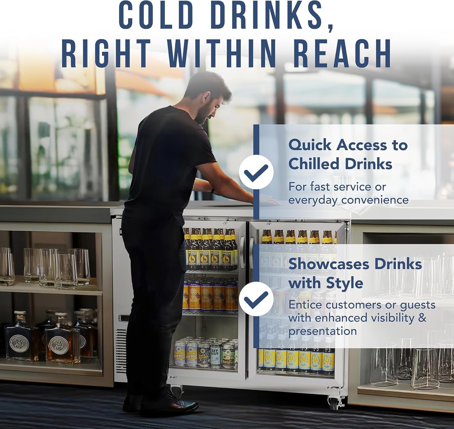 PEAKCOLD 2-Door Counter Height Beverage Refrigerator - 49" Wide Energy Efficient Stainless Steel Beer Fridge With Glass Doors & White LED Lighting - Commercial Back Bar Cooler