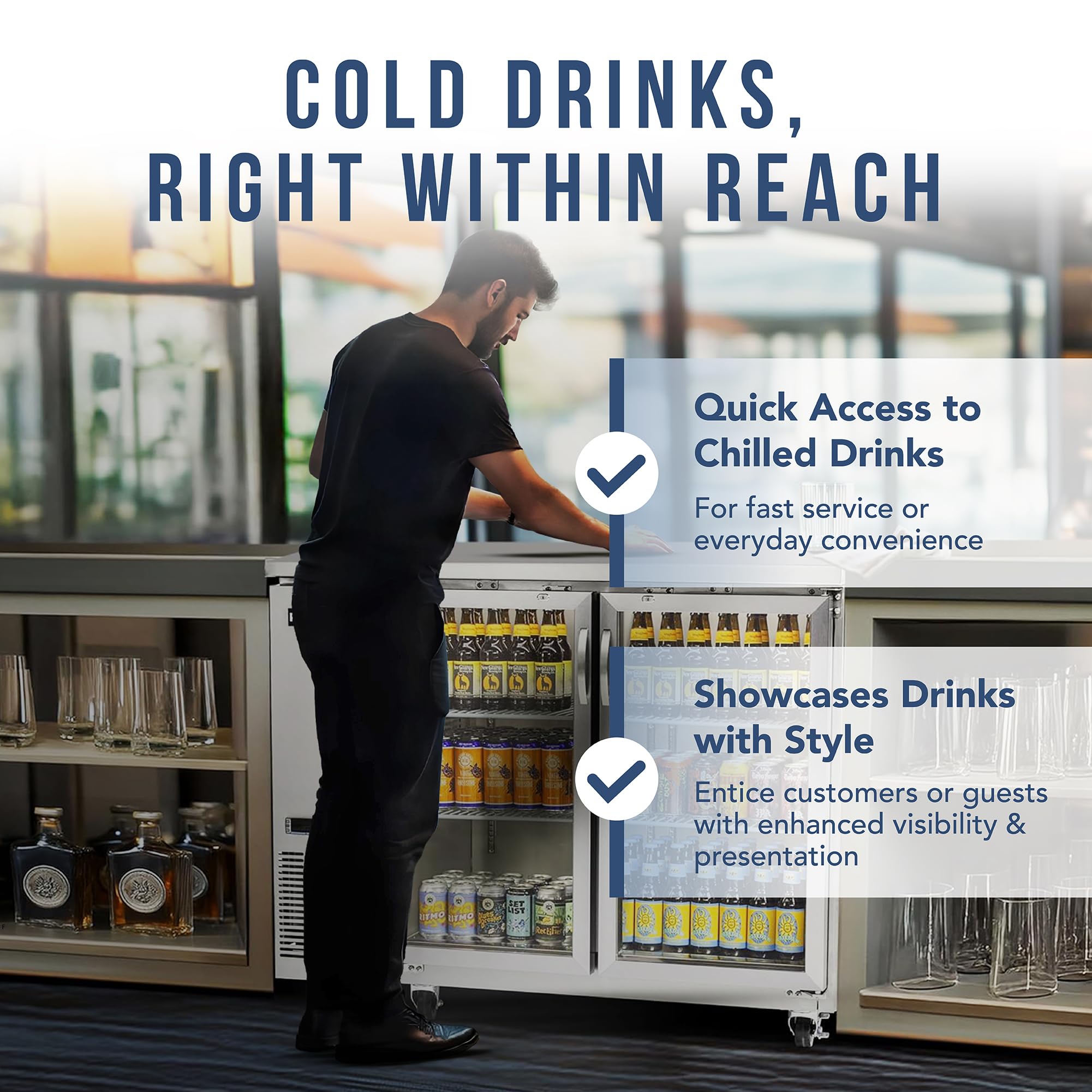 Peakcold 2-Door Counter Height Beverage Refrigerator - 49" Wide Energy Efficient Stainless Steel Beer Fridge With Glass Doors & White LED Lighting - Commercial Back Bar Cooler on Fridge.com - View 3