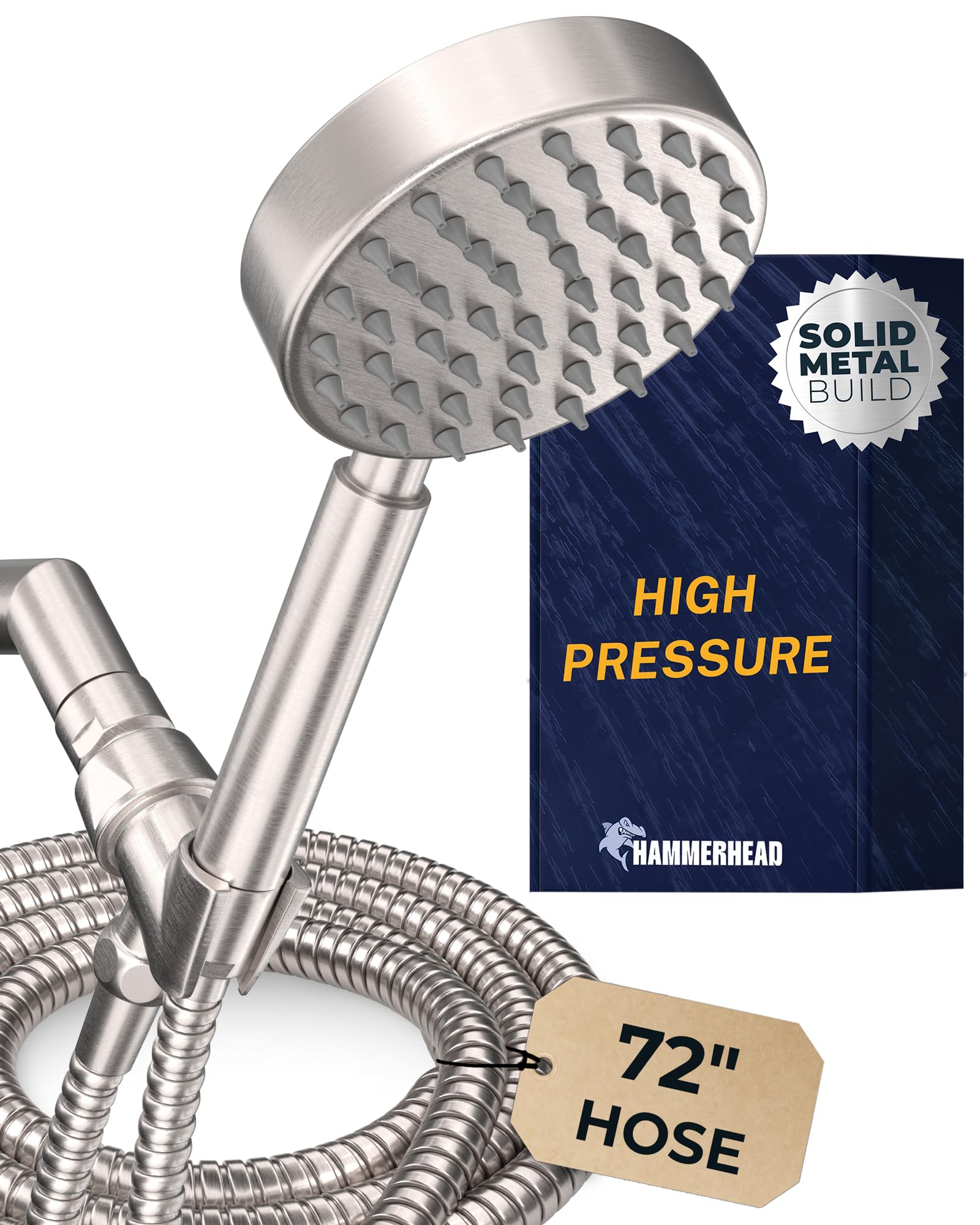 All Metal Hand Held Shower Head with Hose and Holder, Brushed Nickel | 2.5 GPM Rainfall Flow with Removable Restrictor | 4" Handheld Showerhead, 72 Inch Long Flexible Hose, Adjustable Bracket