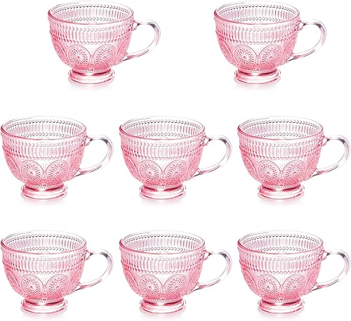 Miniatura 8 de Tazas de café de vidrio vintage con asa, tazas de vidrio en relieve rosa de 14 onzas para capuchino, latte, cereales, yogur, té, leche (4)