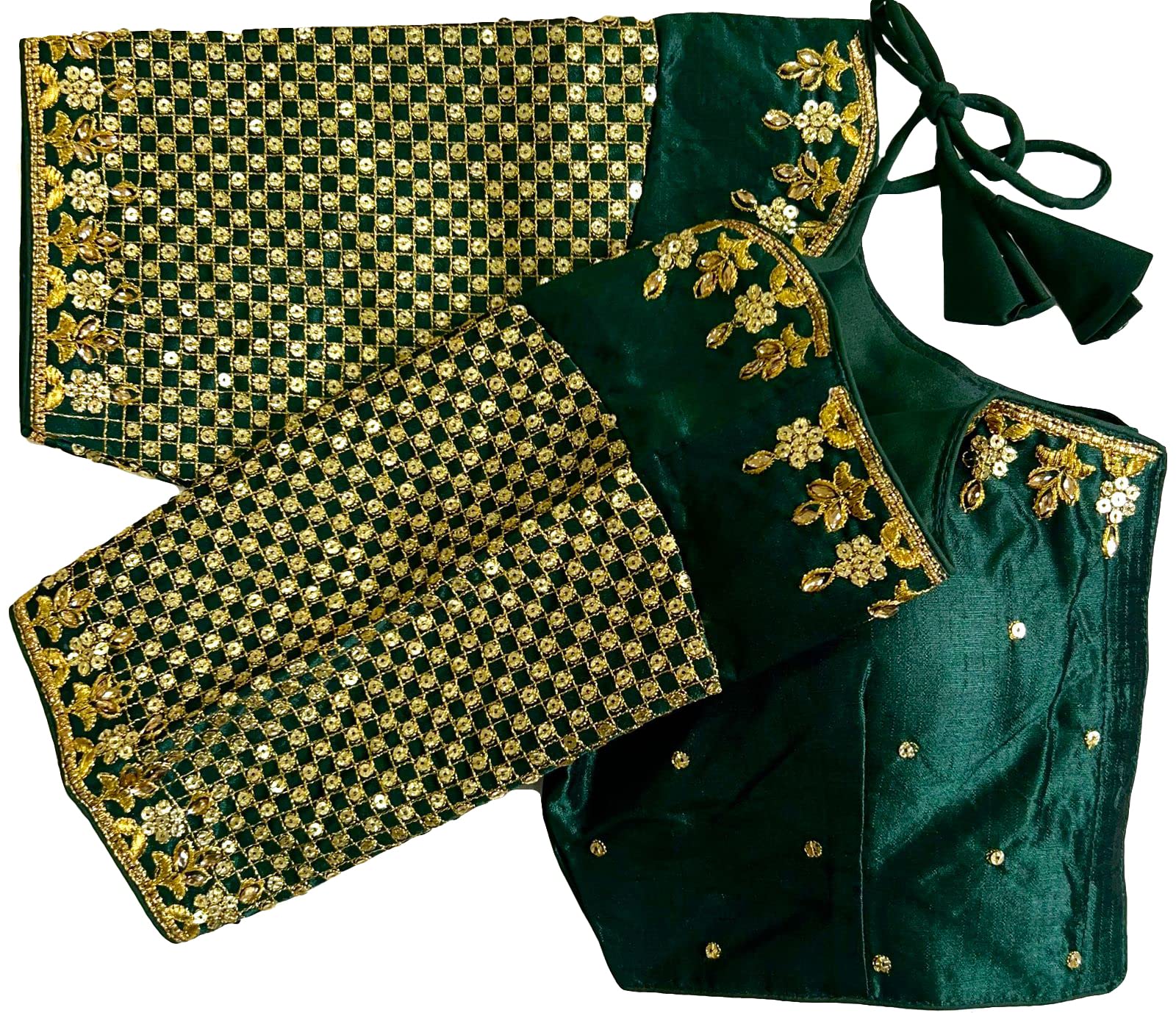 Pujia Mills Women's Heavy Embroidery With Sequins Work Half Sleeves Fancy Readymade Saree Blouse.(Tulsi Dark Green)