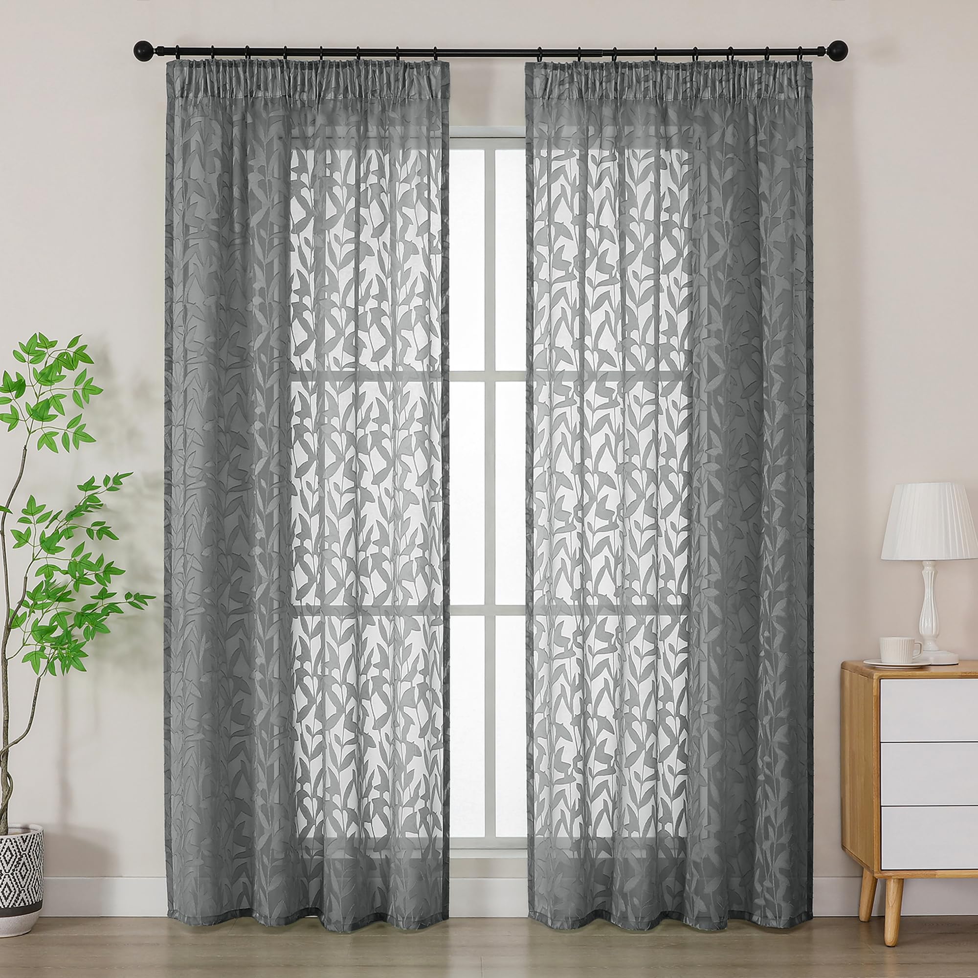 Simplebrand Grey Textured Sheer Curtains 2 Panels W140 x L183cm, Leaf Clip Jacquard Voile Curtains, Pencil Pleat Semi-Sheer Floor Length Window Drapes for Living Room Bedroom Home Decor
