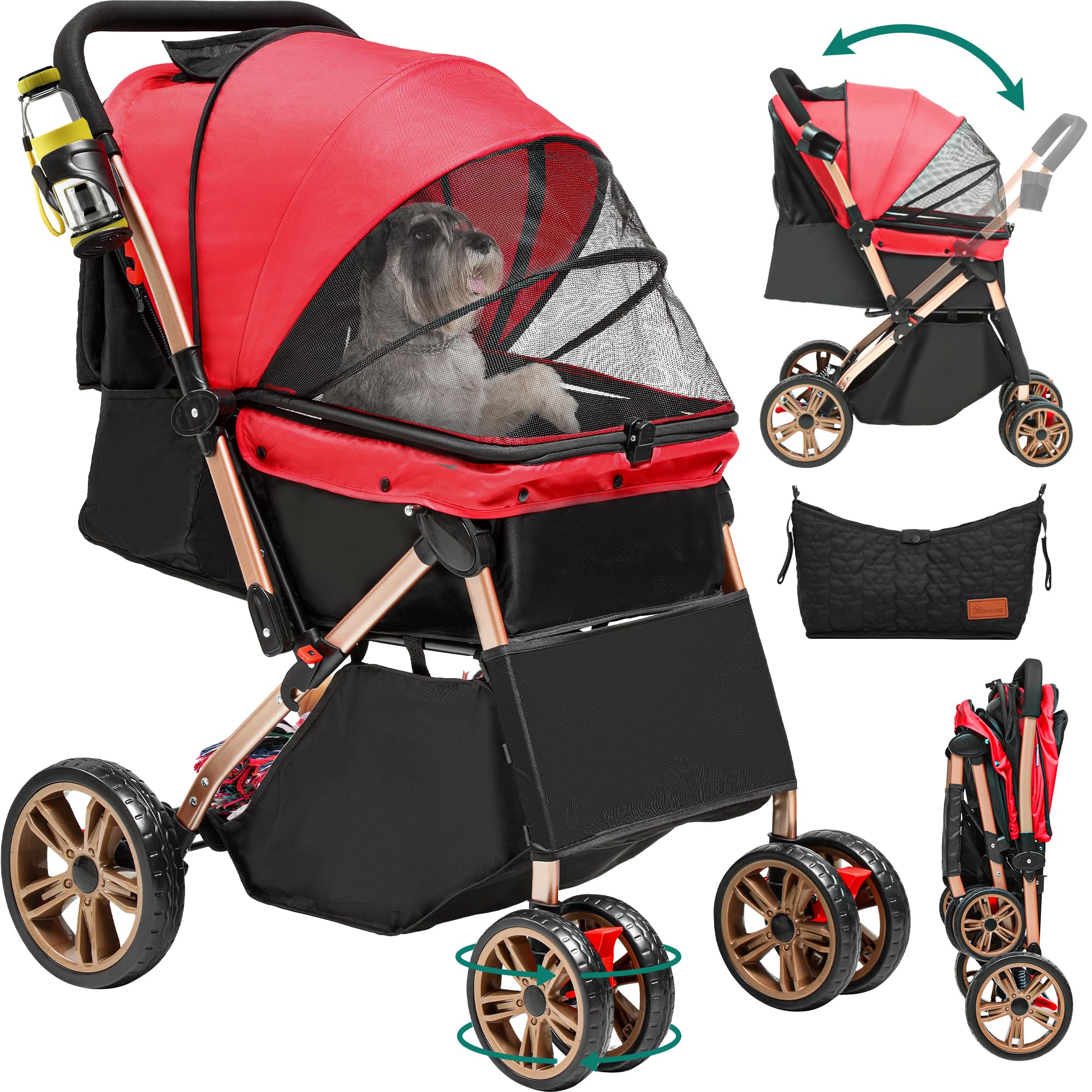YITAHOME Carro Perro, Carrito para Perros, Cochecito de Viaje para Perros Gatos Mascotas, con Cesta de Almacenamiento, Plegable Carro para Perros, Portátil Cochecito Perro, Mascotas Jogger (Rojo)