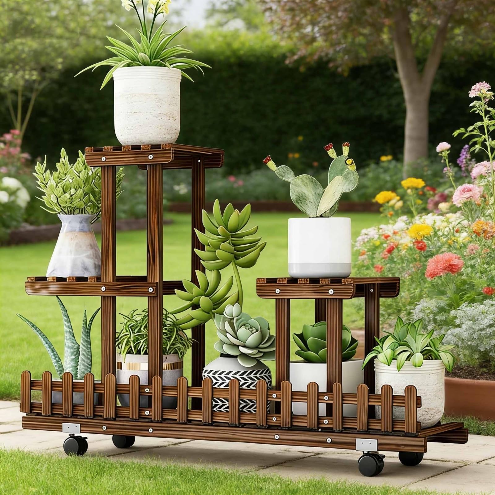 Étagère d'angle à 3 niveaux en bambou pour fleurs en pot, organisateur de rempotage pour jardin, terrasse, véranda et balcon