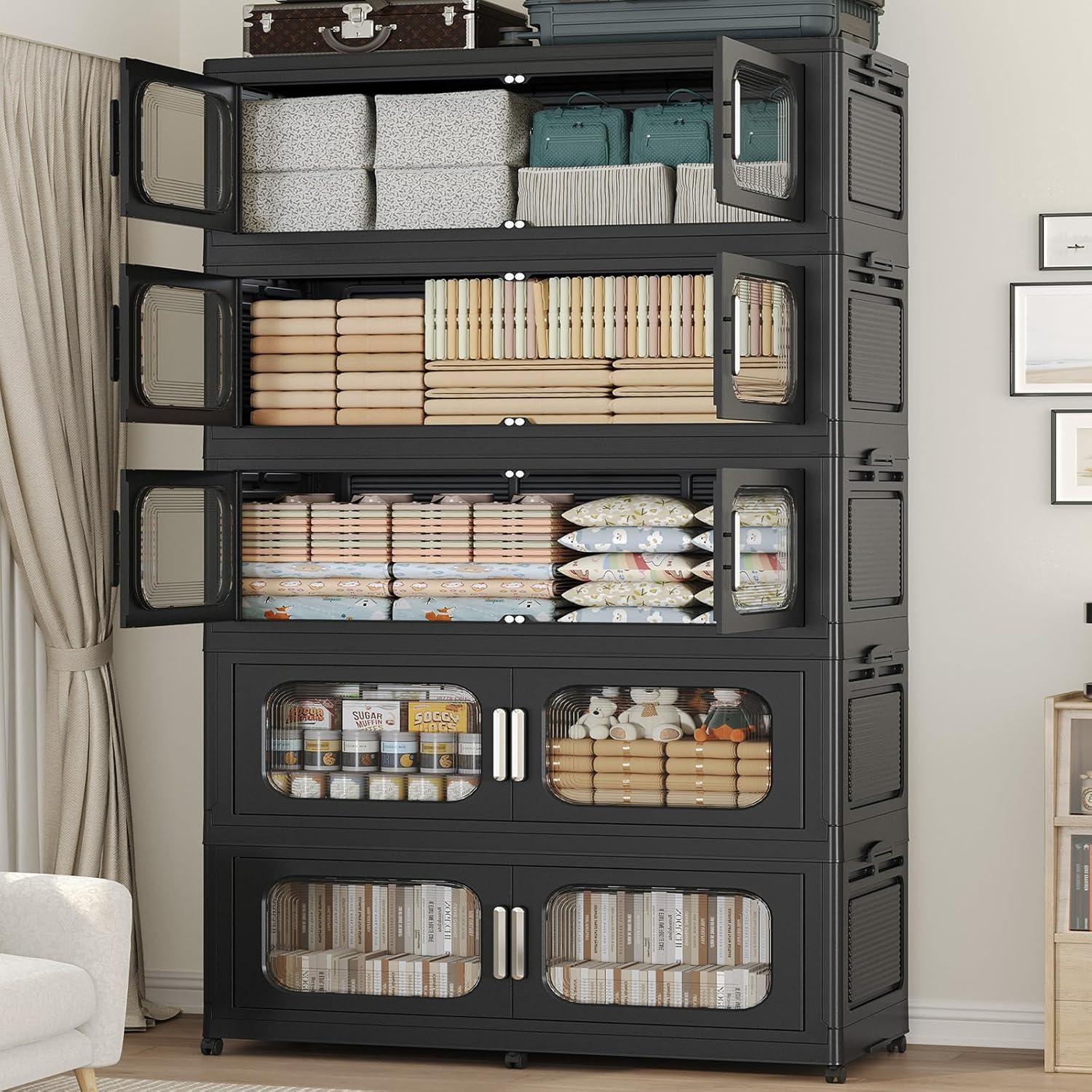 150Gal Exra Large Stackable Storage Bins with Lid, 600QT Collapsible Storage Box with 6x Wheels, Folding Plastic Cabinet Container with Door Drawer for Home Kitchen Office Dorm, 3Pack Black