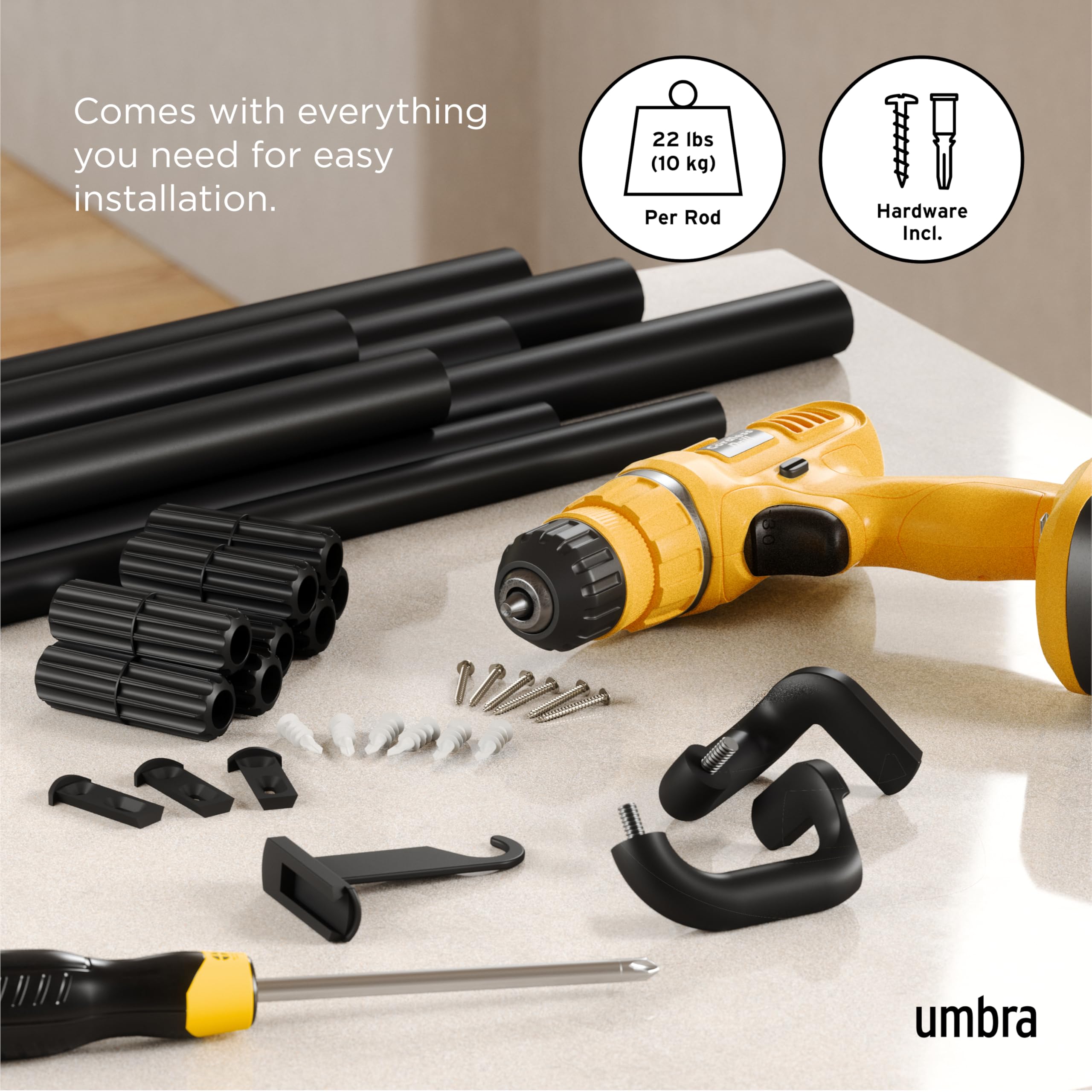 Umbra Twilight Tringle à rideaux D19 mm, 167–305 cm, noir, acier, conception enveloppante pour rideaux occultants