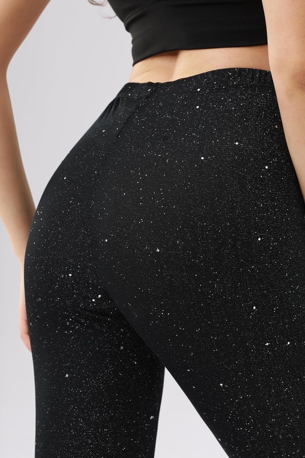 High Waisted Black Glitter Skinny Leggings for Women- Starry Sky Print Soft Elastic Waist Full Length Black Shiny Pants - Image 2