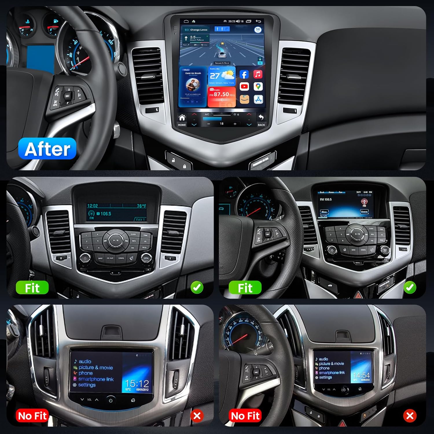 Before and After Installation of Fortdows Car Radio in Chevrolet Cruze