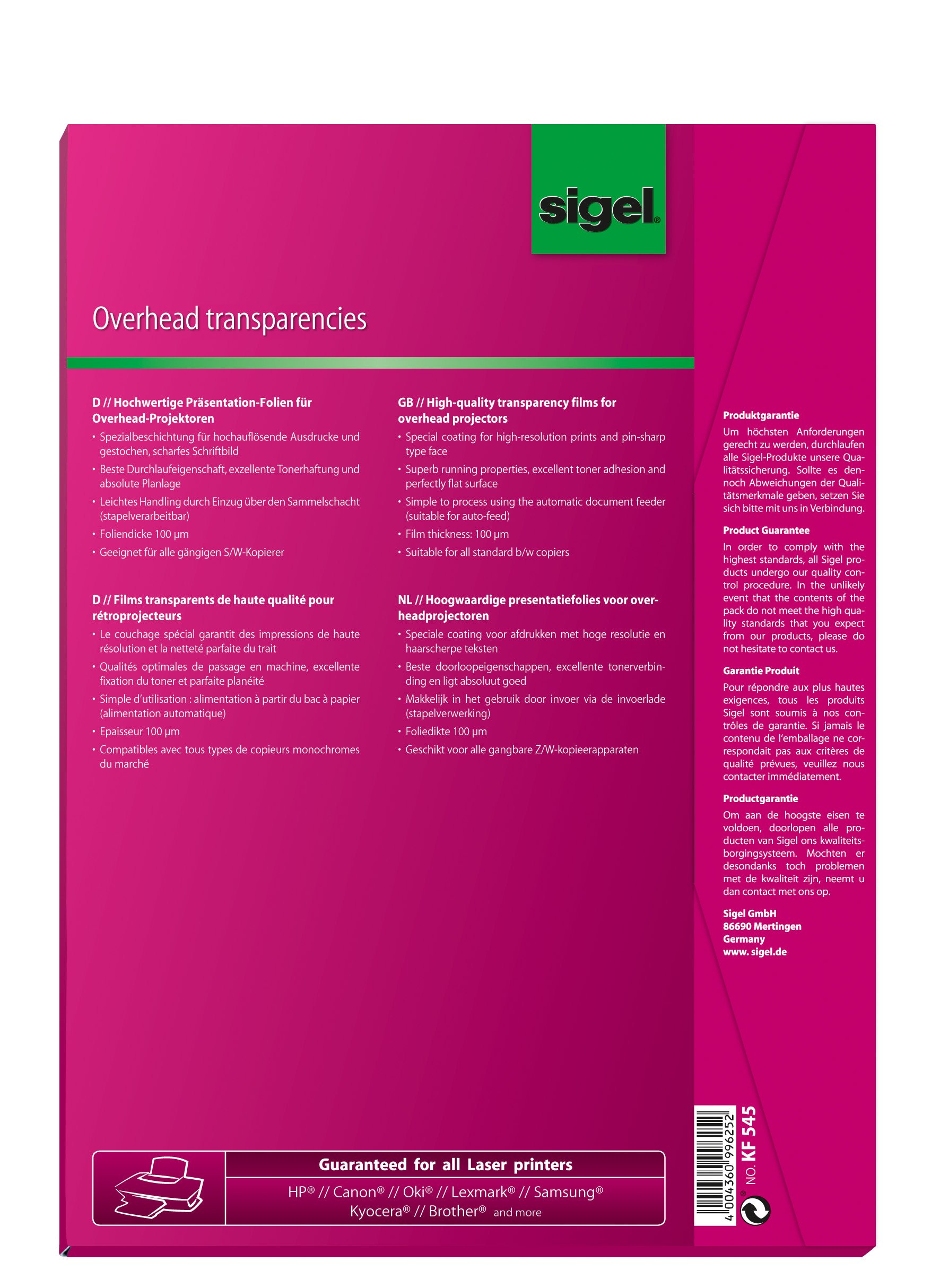 SIGEL KF545 Transparency Film for Copier BandW clear, auto feed, for double-sided printouts, 100 mic, A4, 100 sheets - Image 2