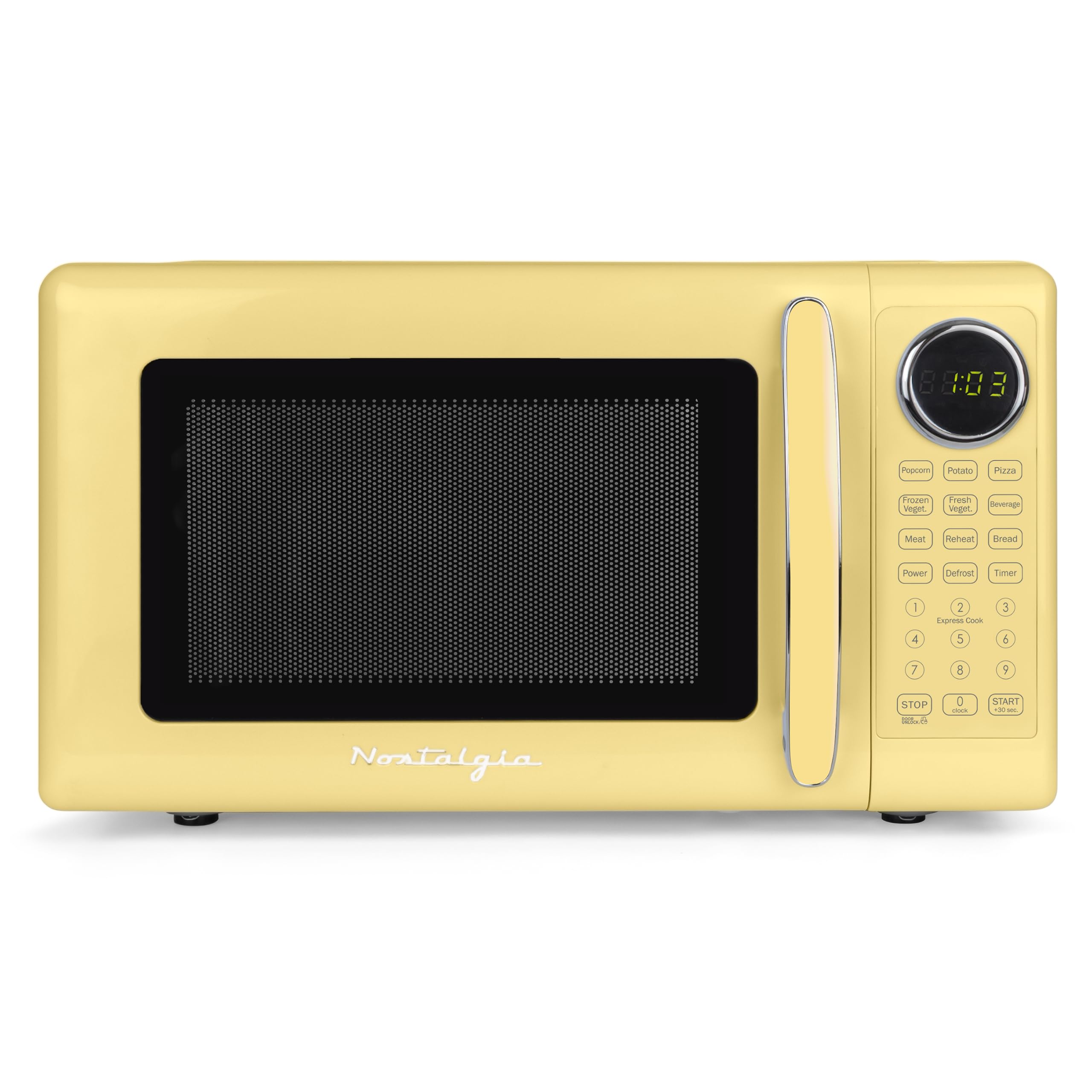 Nostalgia Modern Retro Compact Countertop Microwave Oven - 0.7 Cu. Ft. - 700-Watts with LED Digital Display - Child Lock - Easy Clean Interior - Yellow