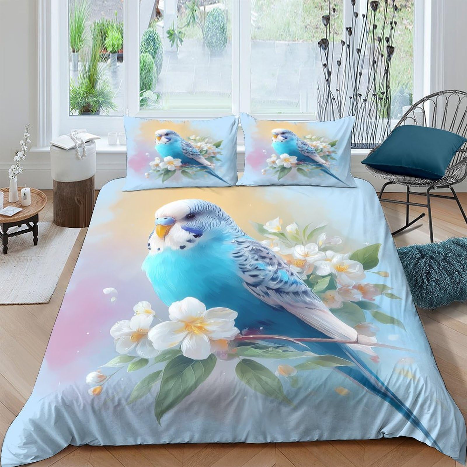 Ctjqhvkz Style-8 3D Printed Blue Parrot Bird Fitted Sheet Microfiber Soft Floral Mattress Cover For Bedroom Guest Room Sofa Easy Care Single（135X200cm）