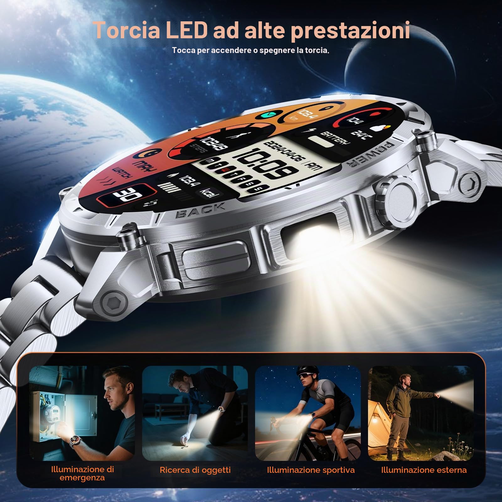 Smartwatch Uomo, 1,7'' Militari Orologio smart watch uomo Torcia 100 Giorno Standby Chiamate Bluetooth 120+ Modalità Sportive SpO2 Cardiofrequenzimetro Sonno IP68 Android iOS (Acciaio Argento)